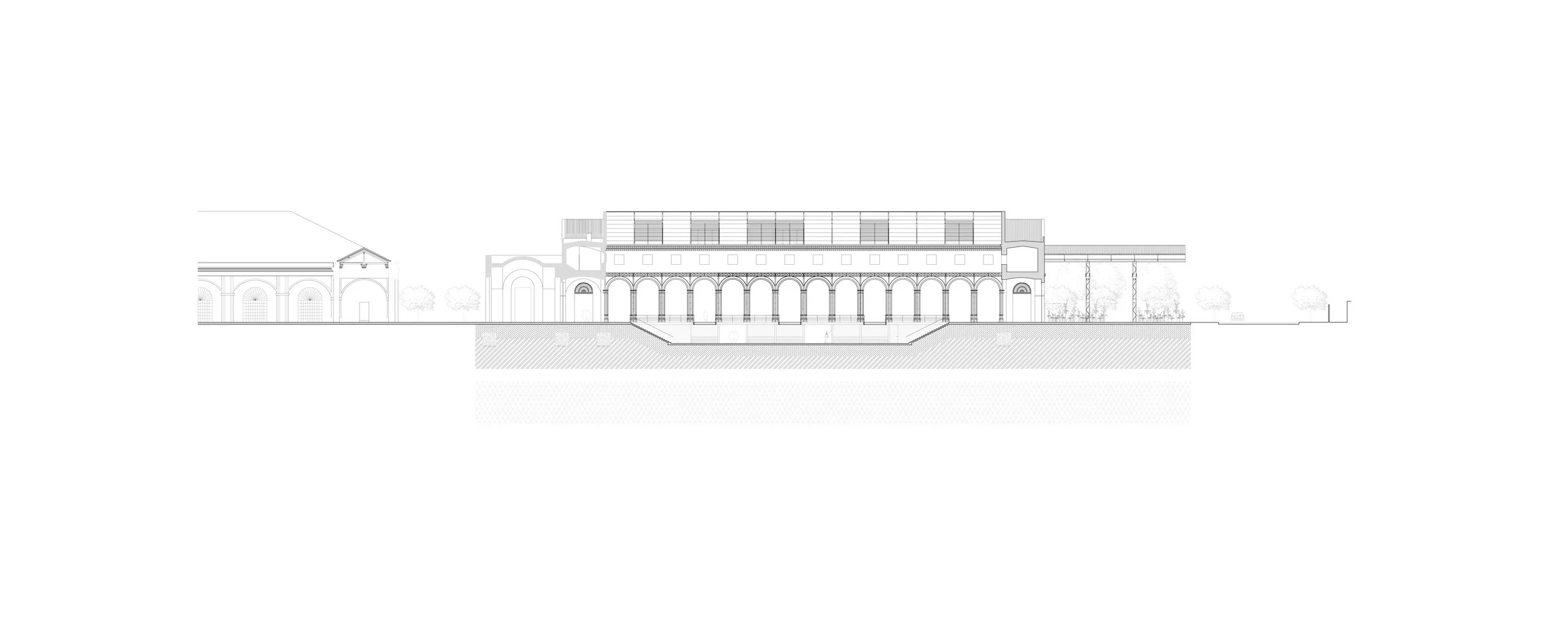 Une illustration architecturale en dessin technique montrant la section transversale d'un bâtiment avec arches et structure moderne.