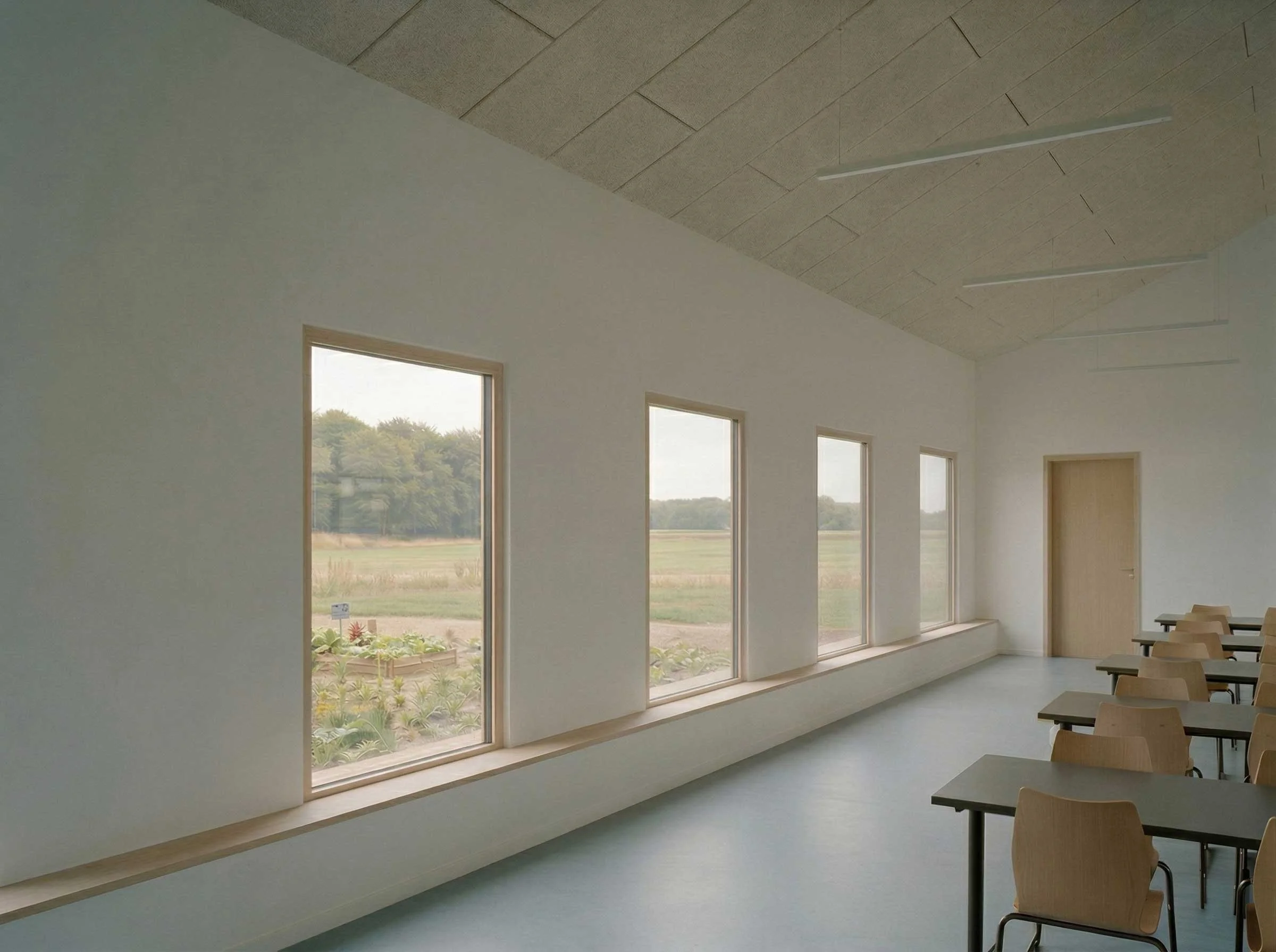 Intérieur d'une salle avec des fenêtres du sol au plafond offrant une vue sur un paysage rural avec des arbres et un champ, mobilier minimaliste en bois, plafond en panneaux de bois et lumière naturelle.