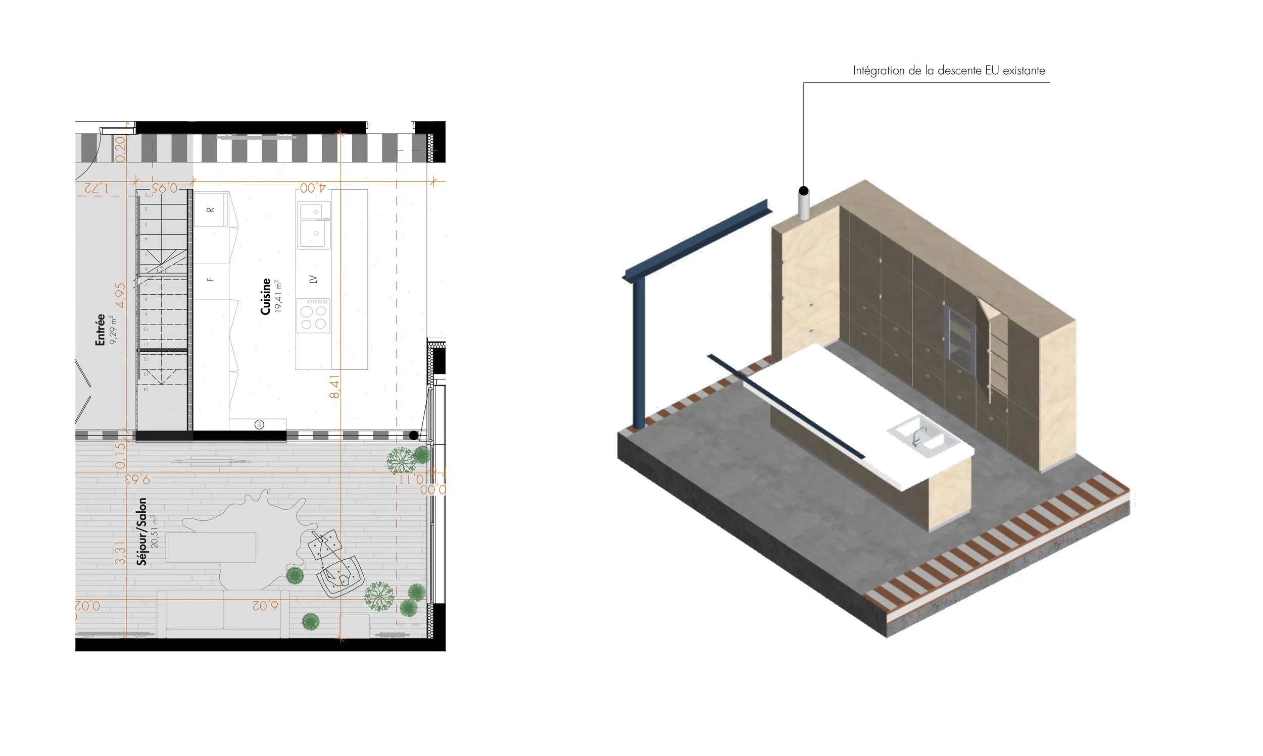 Plan d'architecture d'une pièce avec une vue 3D d'une paroi avec des placards et une cheminée