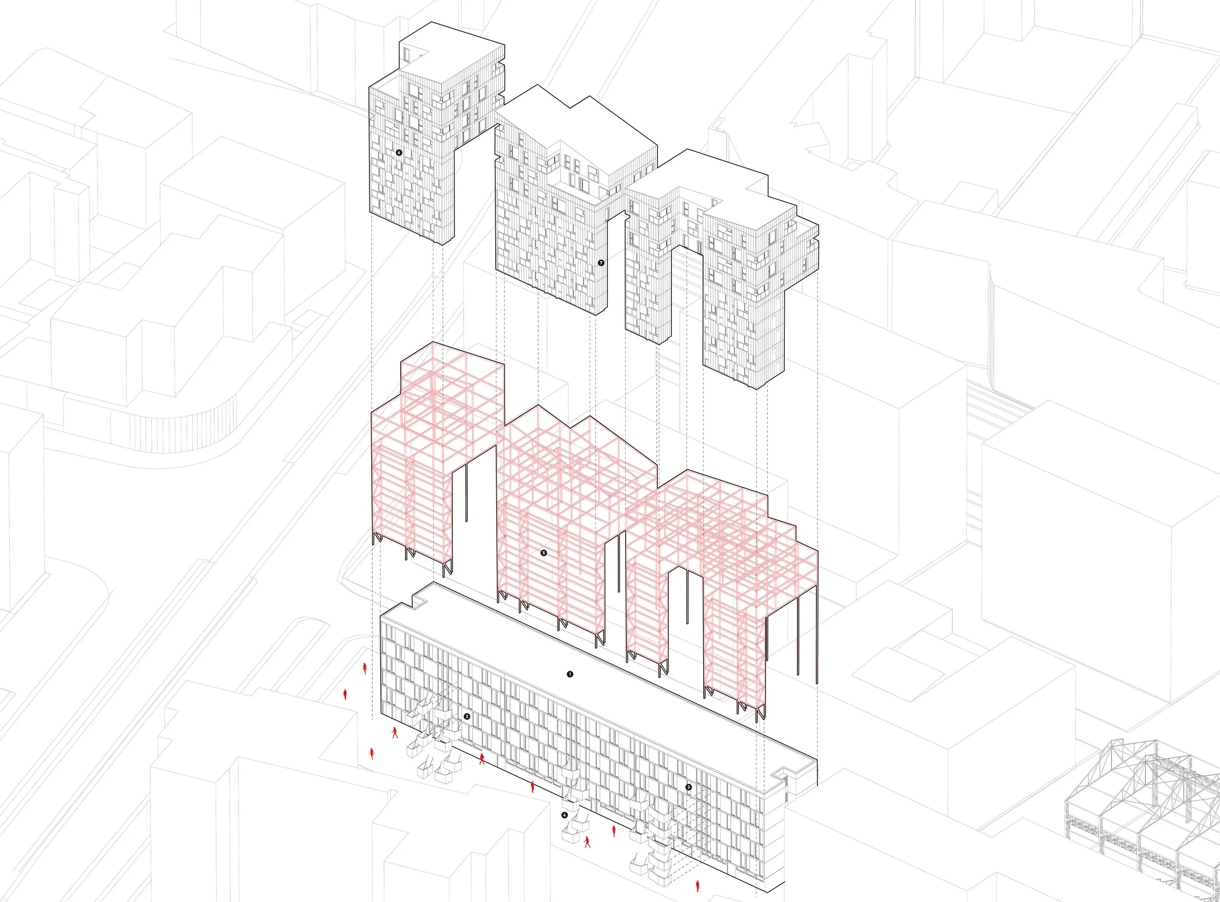 Dessin architectural de gratte-ciel avec structure en acier en partie supérieure, situé dans un environnement urbain.