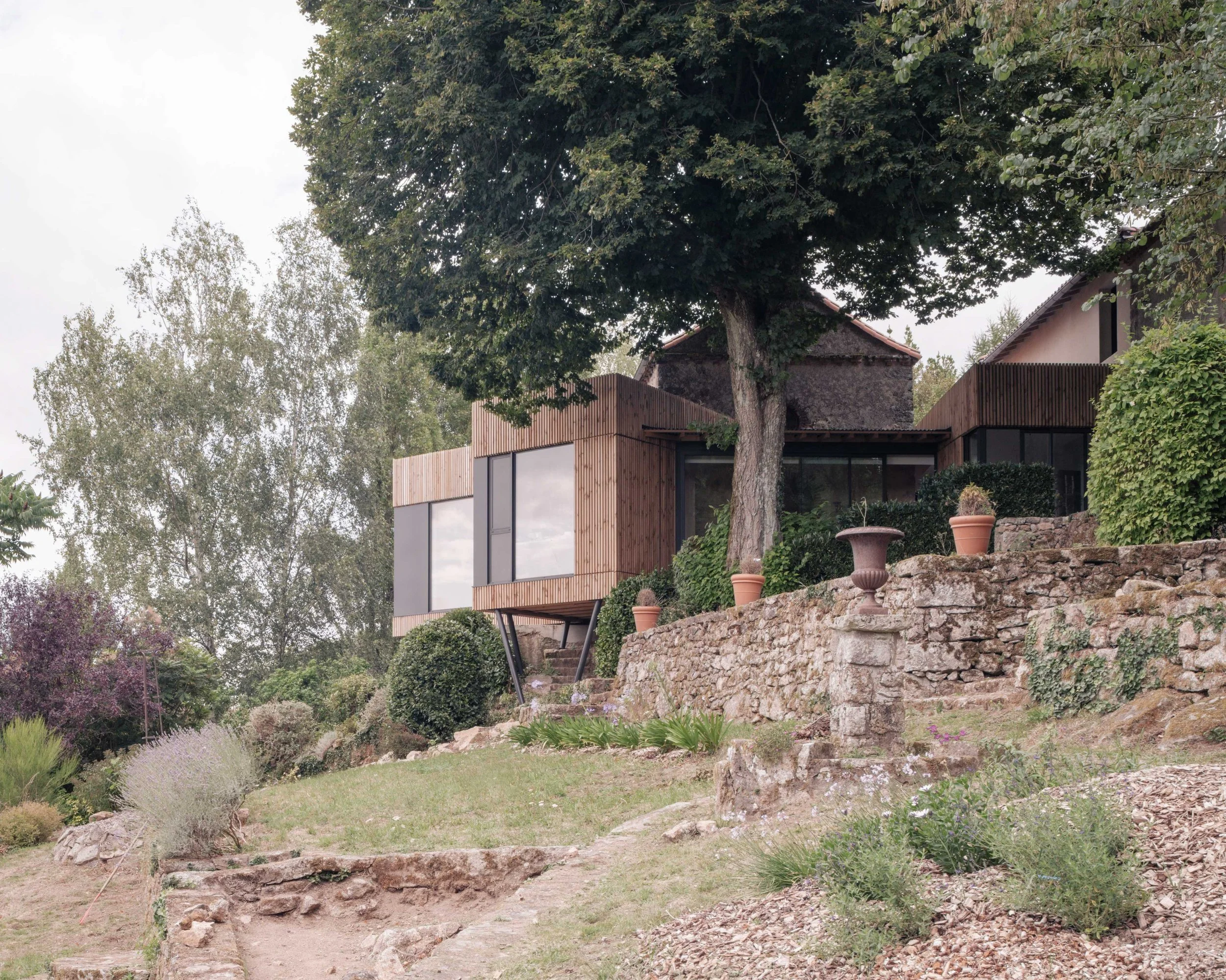 Une maison moderne en bois avec de grandes fenêtres, entourée d'un jardin luxuriant avec des plantes, des arbres et des pots de fleurs en pierre et en terre cuite.