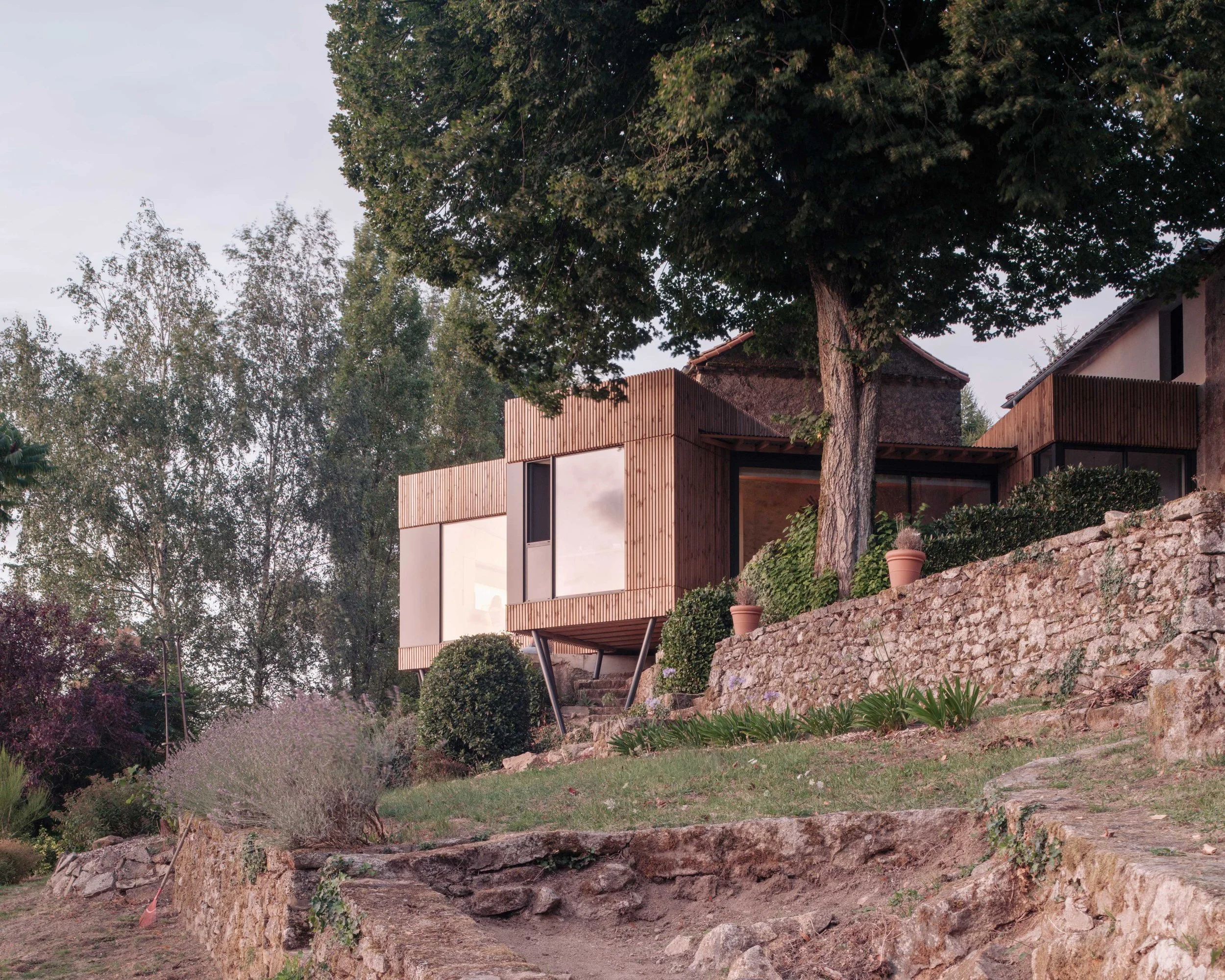 Une maison moderne en bois située dans un environnement naturel avec des arbres, un escalier en pierre, des pots de fleurs et un jardin paysager.