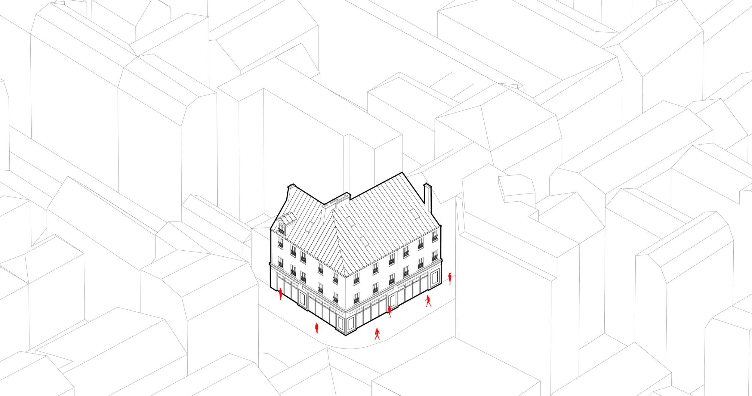 Une illustration en ligne de bâtiments en perspective, mettant en avant un bâtiment détaillé avec des fenêtres et une toiture en pente, entouré d'autres structures plus simples, avec des silhouettes rouges de personnes autour.