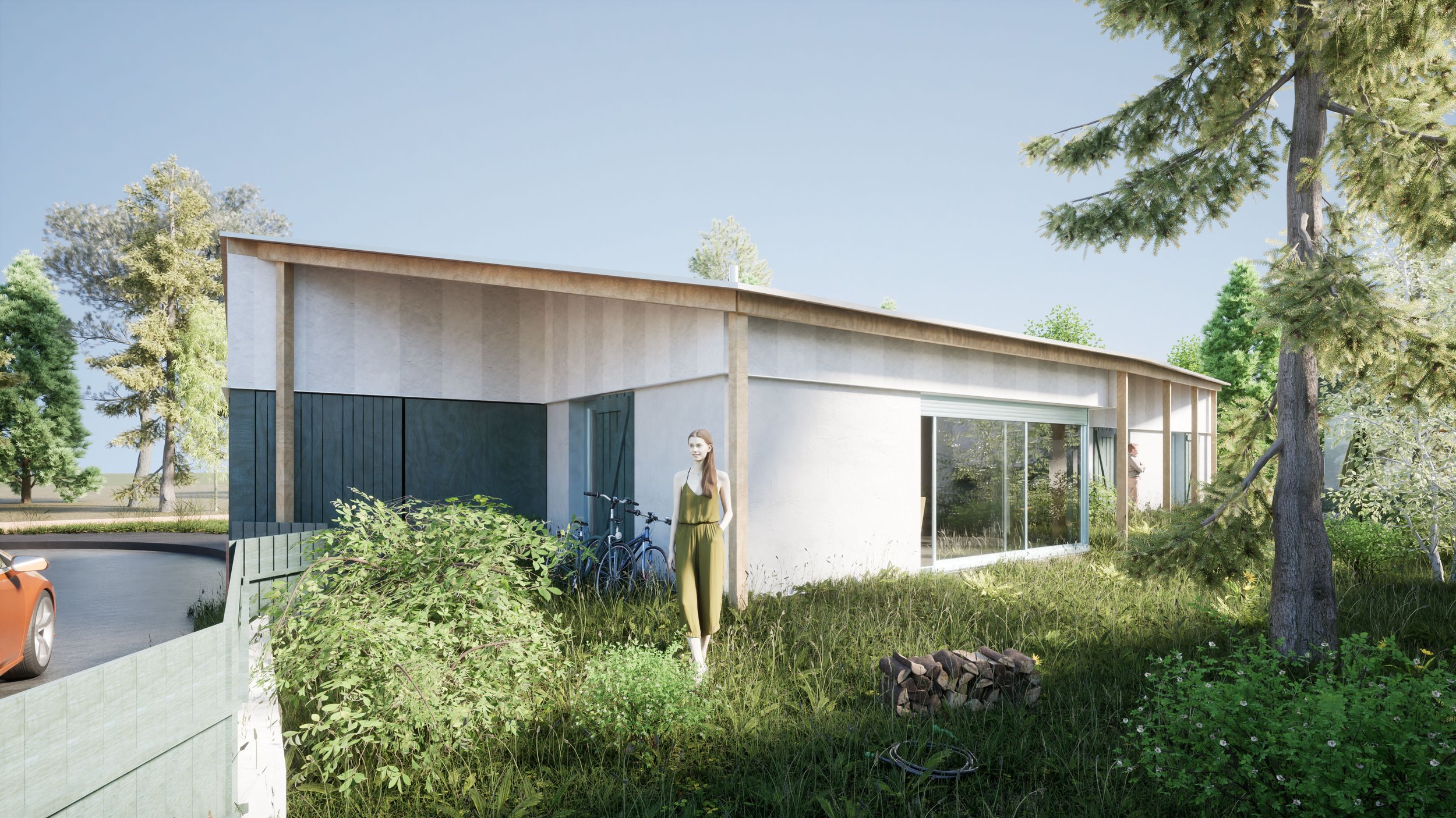 Une maison moderne avec murs en béton et grandes fenêtres, entourée d'arbres et de verdure, avec deux personnes et des vélos à l'extérieur.