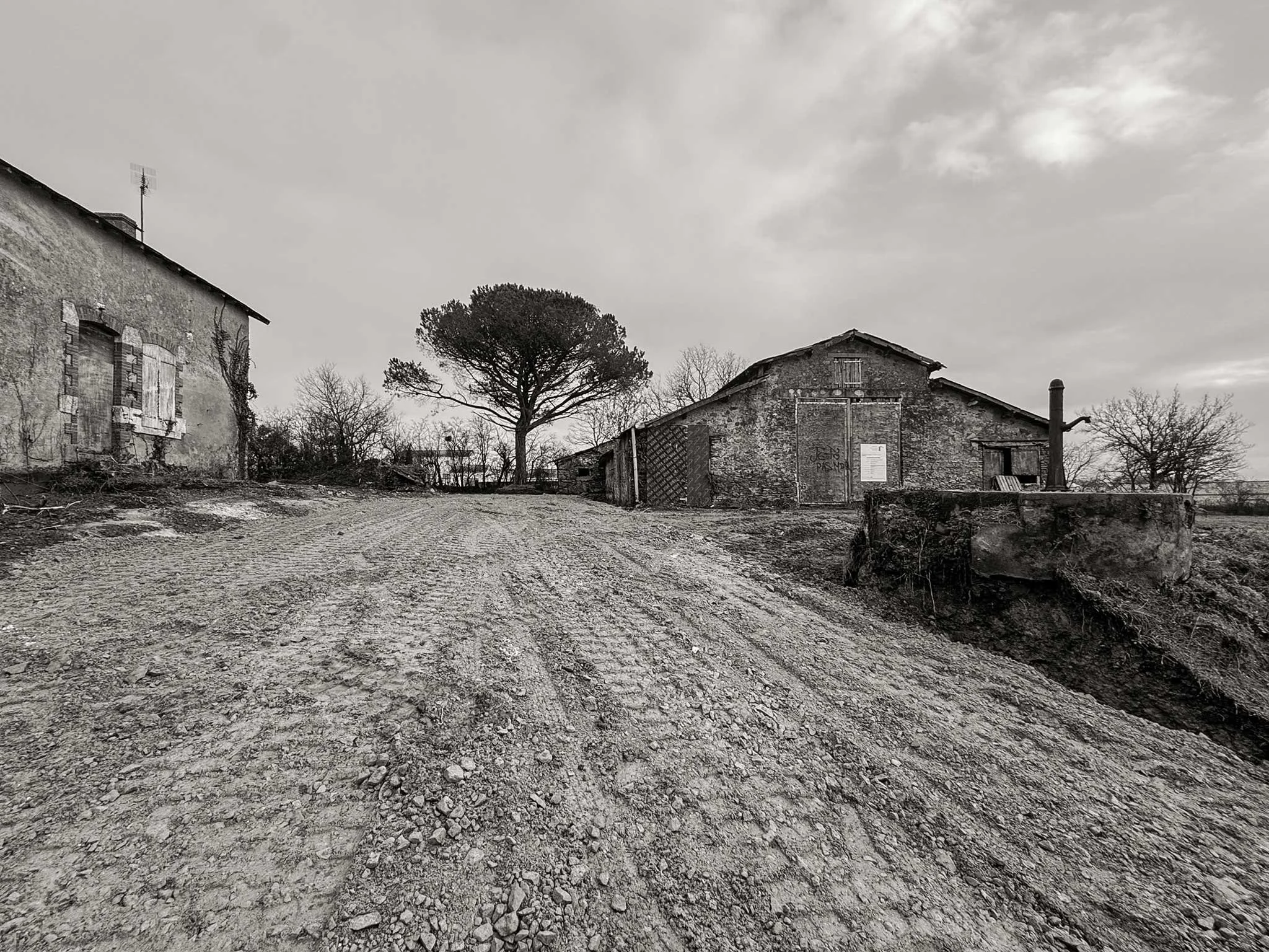 Une vue en noir et blanc d'une vieille ferme en pierre, entourée d'arbres dénudés, avec un chemin de terre au premier plan et un ciel nuageux.