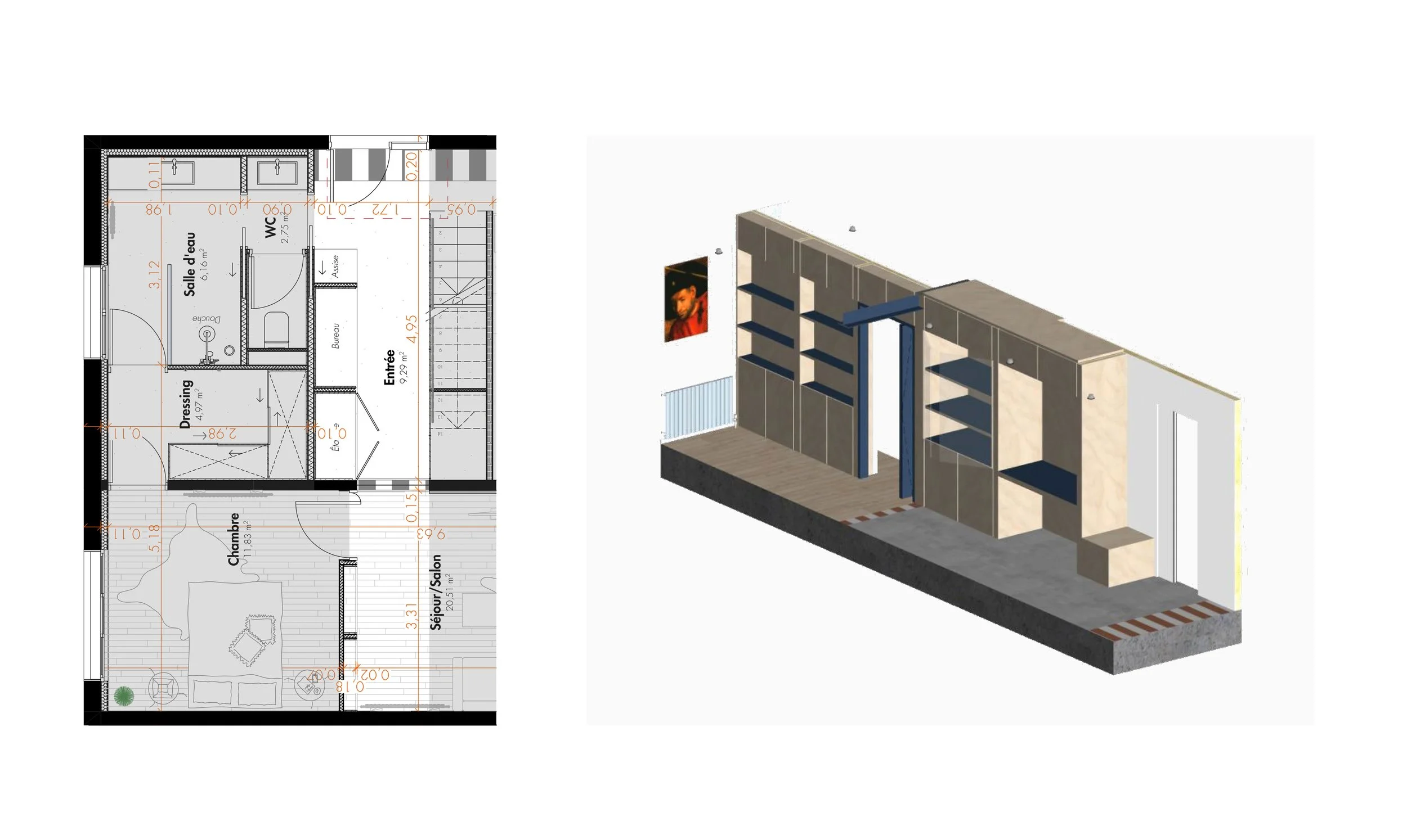 Plan d'étage architectural avec une vue 3D d'une bibliothèque ou d'un espace de rangement intégré, comprenant des étagères et un mur avec tableau ou photo.