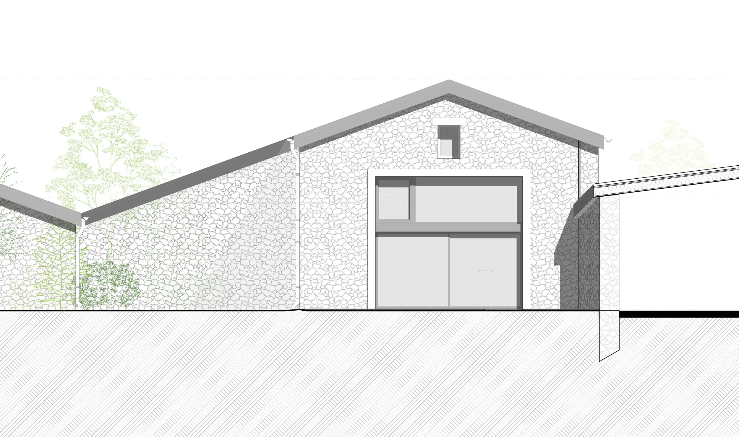 Illustration architecturale d'une façade de bâtiment en pierre avec une grande porte vitrée et une fenêtre, et un toit en pente.