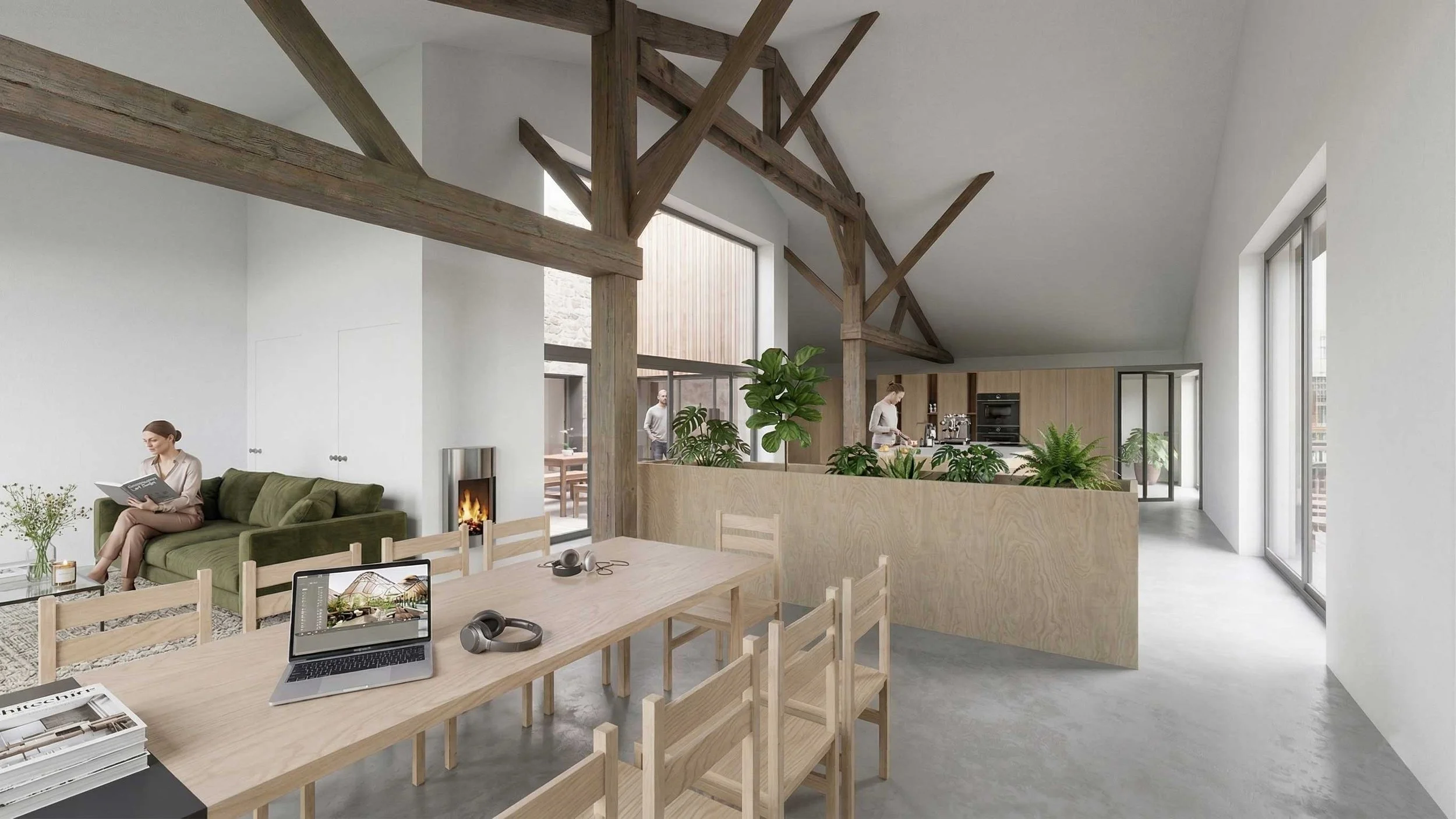 Intérieur d'un espace de vie moderne avec des poutres en bois apparentes, un salon avec un canapé vert, une cheminée, une grande table en bois avec des chaises, un espace cuisine en arrière-plan avec des plantes d'intérieur, une grande fenêtre laissa