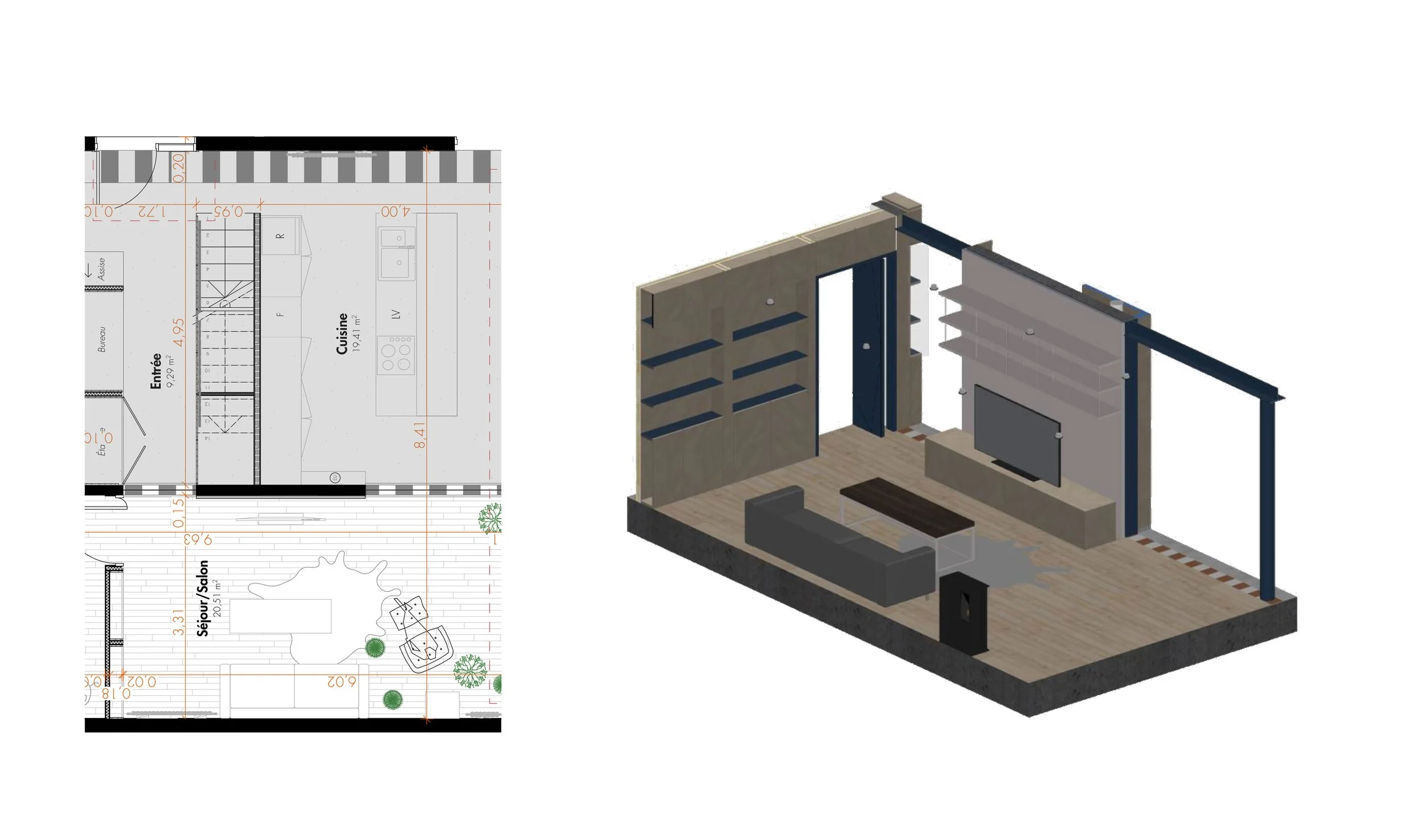Plan d'architecture et rendu 3D d'un salon avec cheminée, canapé et mobilier de salon
