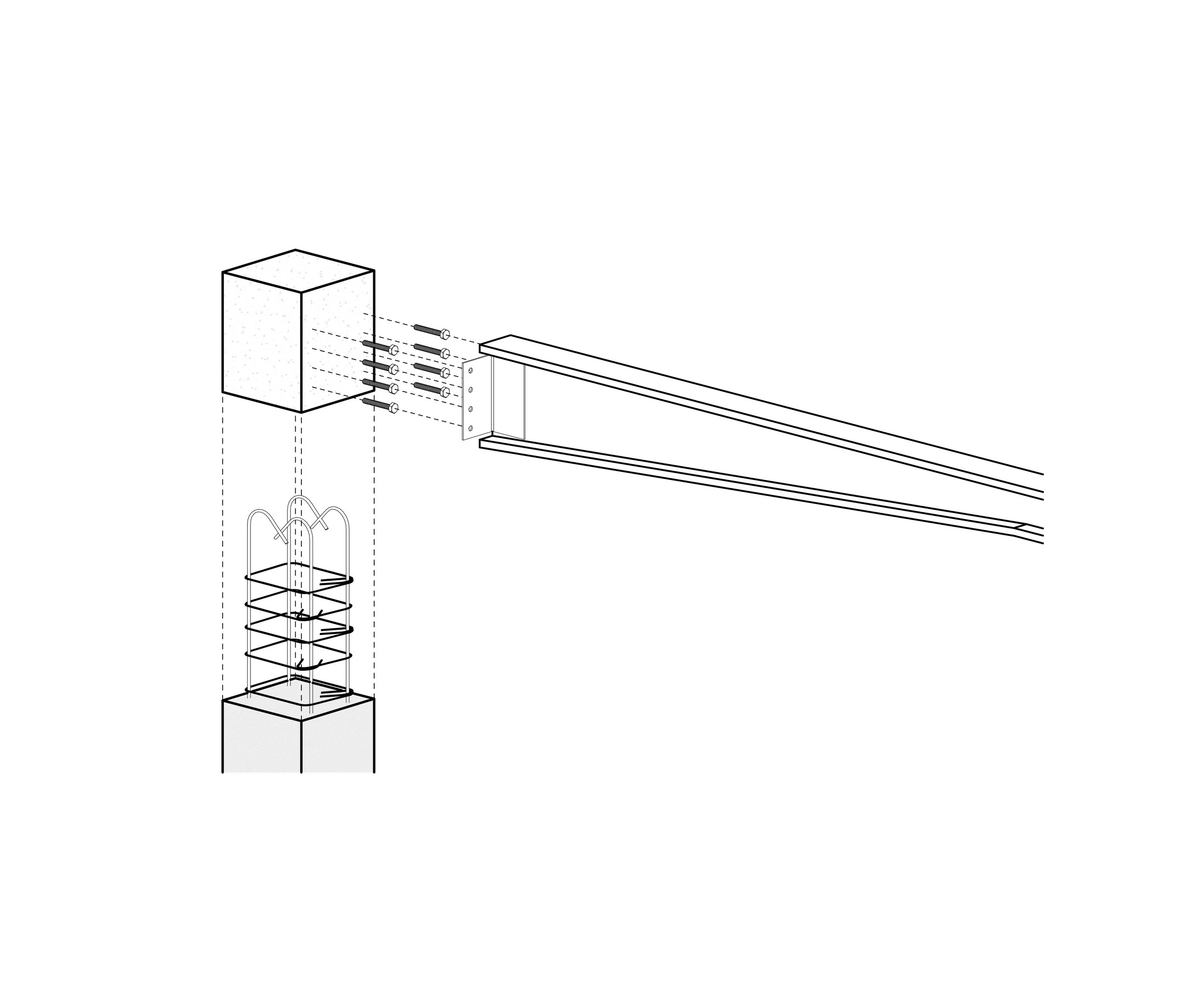 Schéma technique illustrant l'assemblage d'une structure en utilisant des vis, une block de béton, une plaque de fixation, et une colonne métallique.