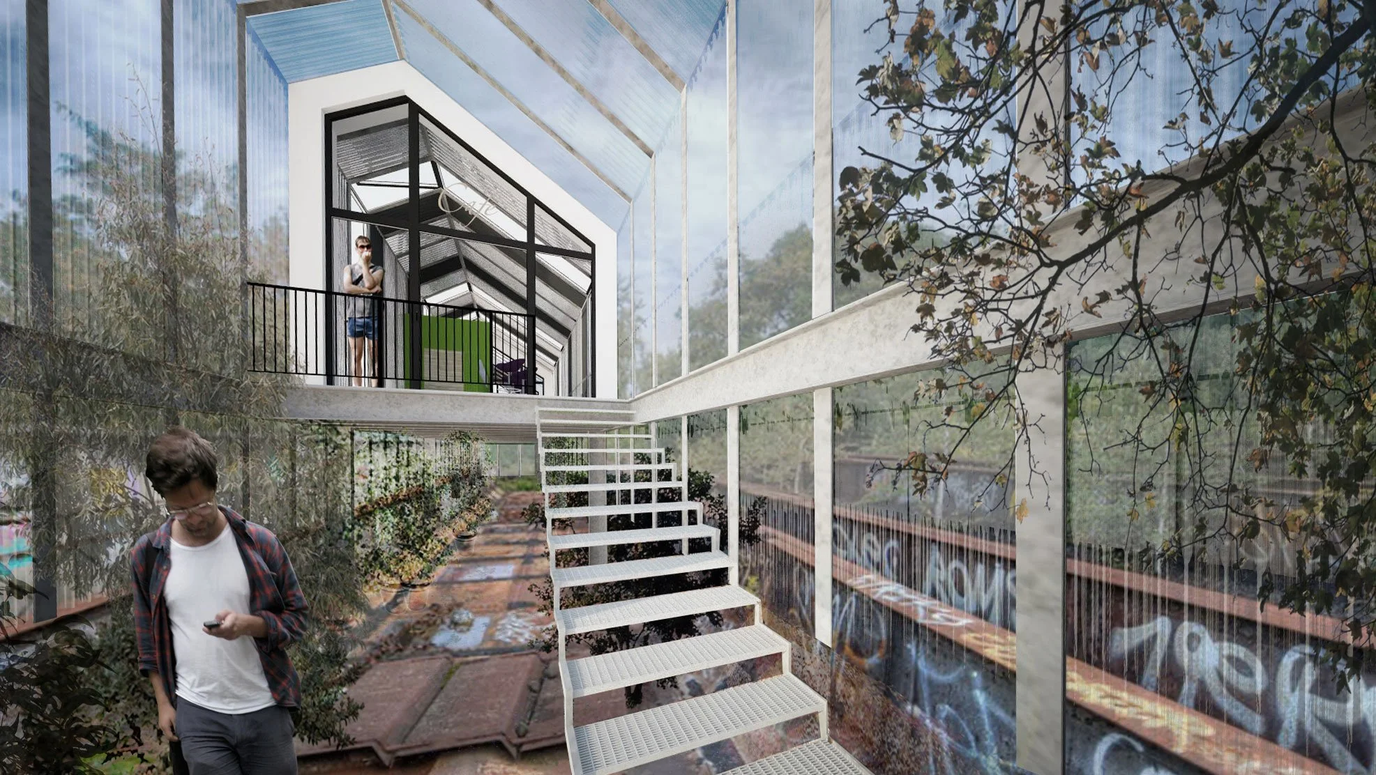 Un bâtiment moderne avec une structure en verre et une passerelle en métal, avec des personnes à l'intérieur et à l'extérieur.