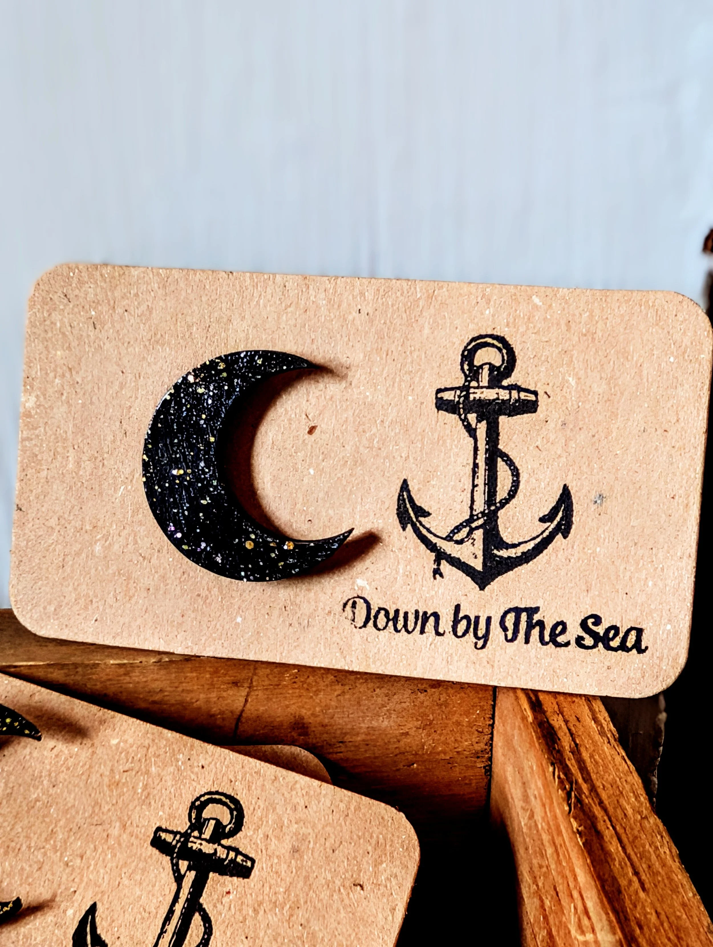 Wooden Sparkly Moon Badge