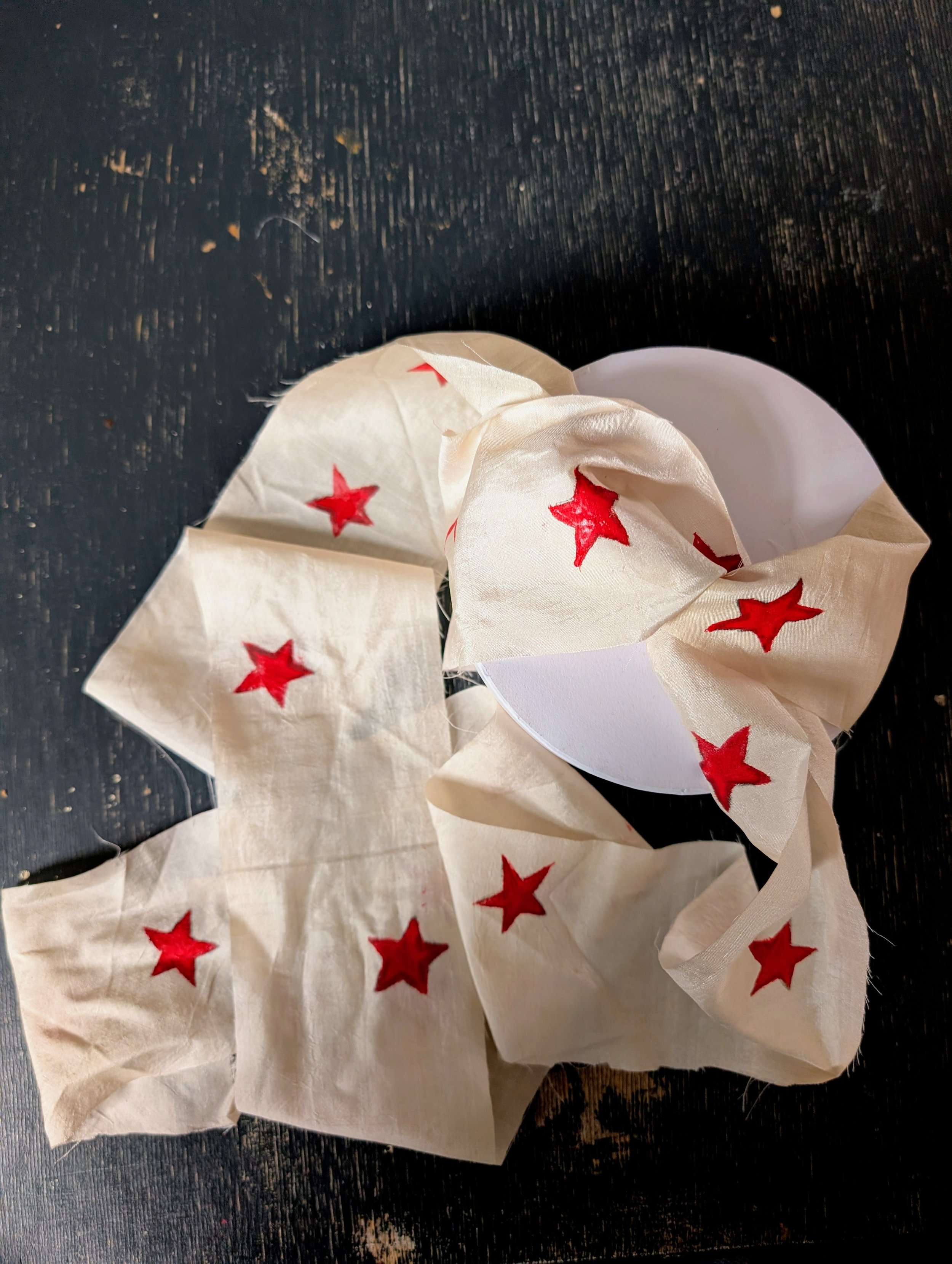 Hand Painted Silk Sari Ribbon- Red Stars
