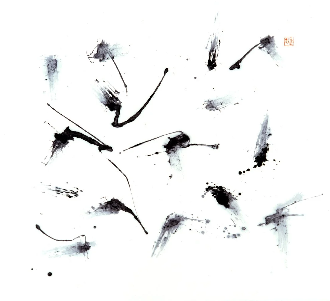 Abstract black ink splashes and strokes on white background, resembling a modern art painting.