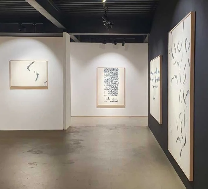 Gallery with framed abstract paintings on white and dark walls, inside an art museum or gallery space.