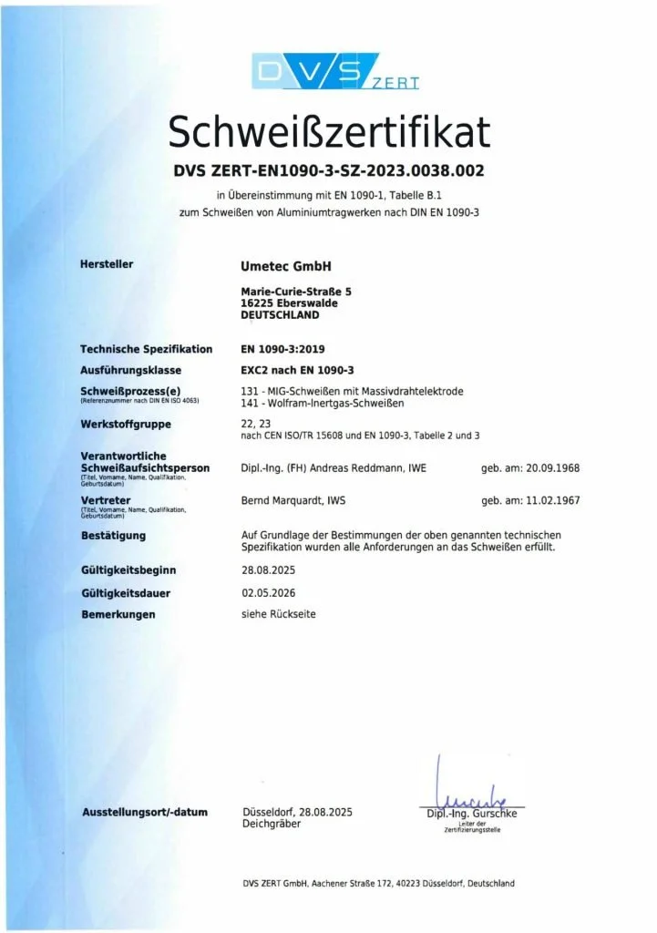 Schweißzertifikat für Aluminium-Schweißarbeiten, ausgestellt von DVS ZERT an Umetec GmbH, mit Details zu technische Spezifikation, Verantwortlichen, Gültigkeitsdauer und Unterschrift.