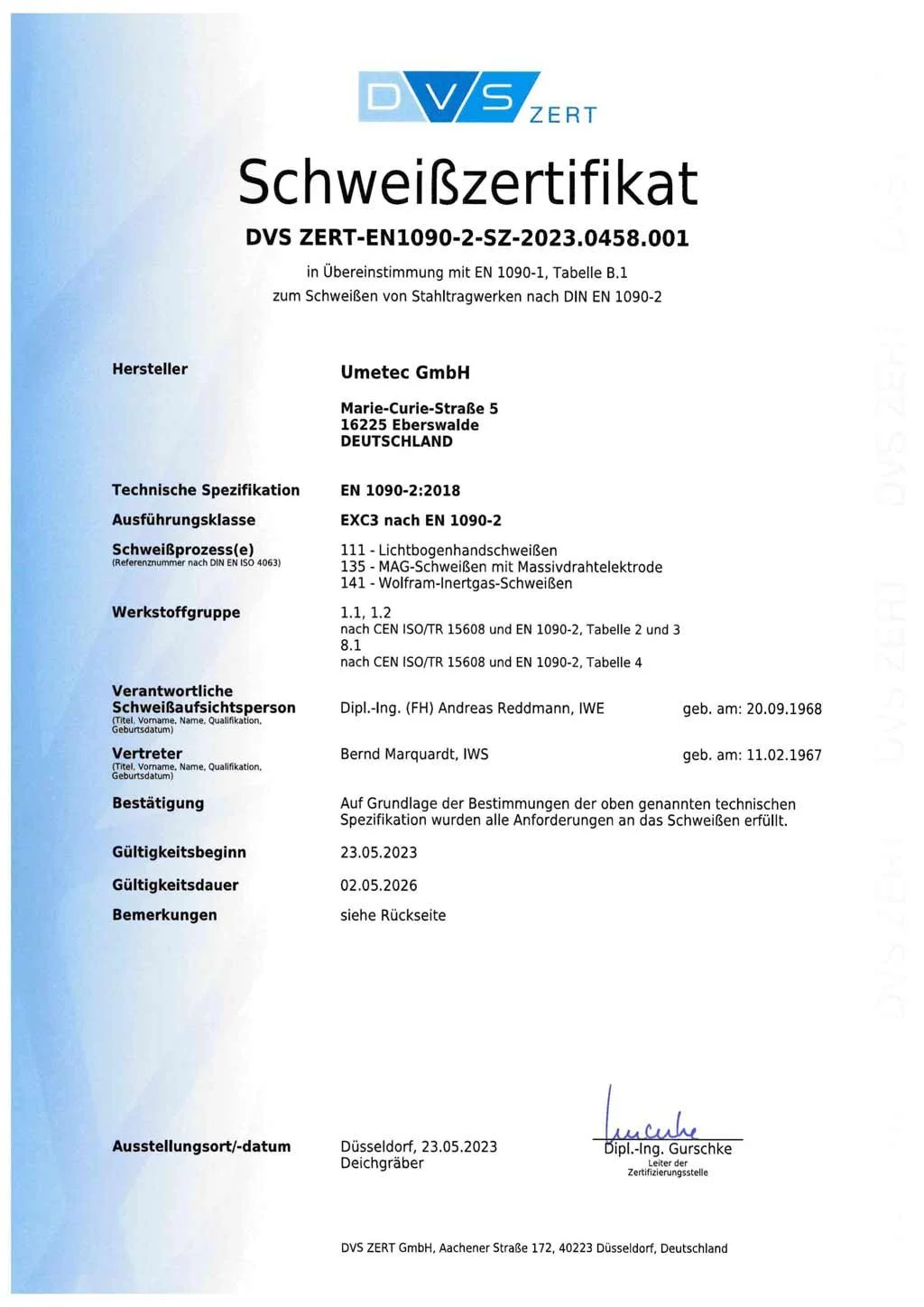 Schweißzertifikat für das Schweißen von Stahl nach DIN EN 1090-2, ausgestellt von DVS ZERT für Umetec GmbH in Deutschland.