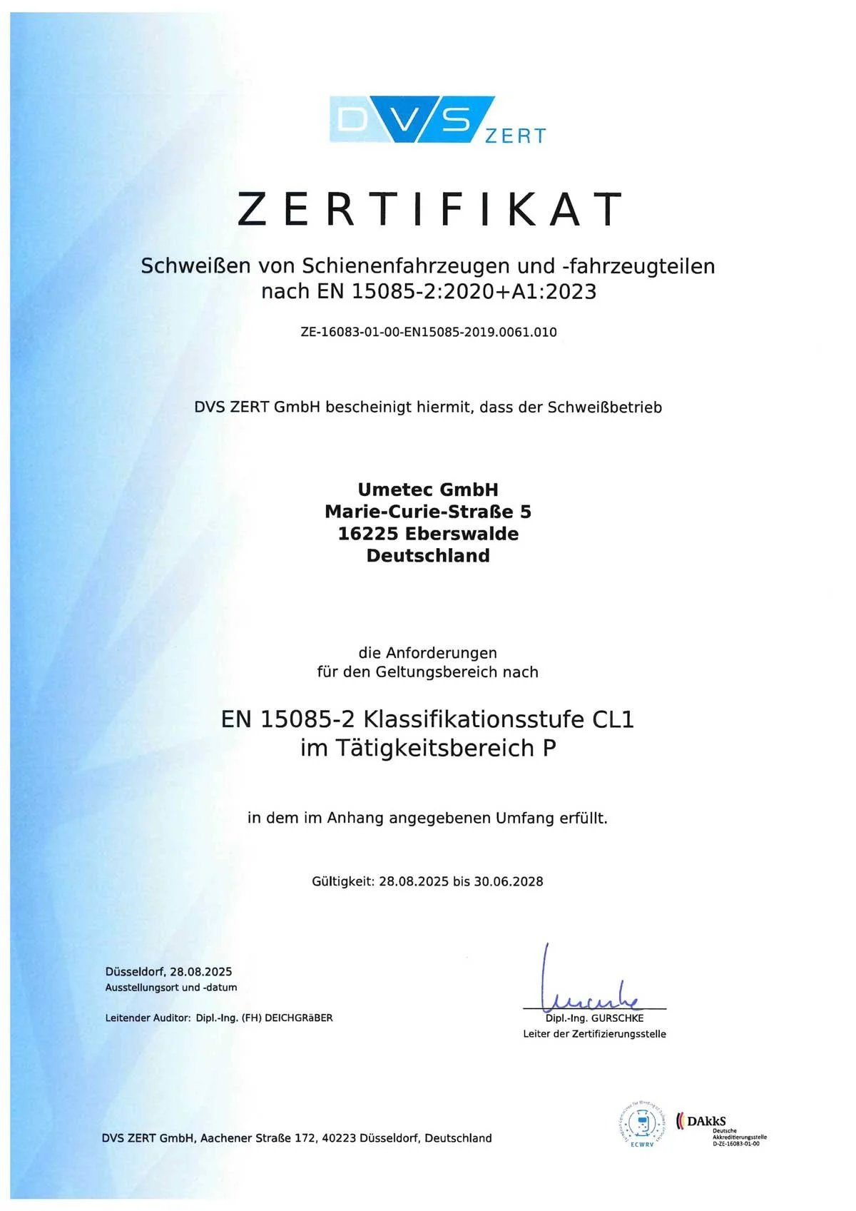 Zertifikat für Schweißarbeiten an Schienenfahrzeugen nach EN 15085-2:2020+A1:2023, ausgestellt an Umetec GmbH, Düsseldorf, mit Unterschrift und Stempel.
