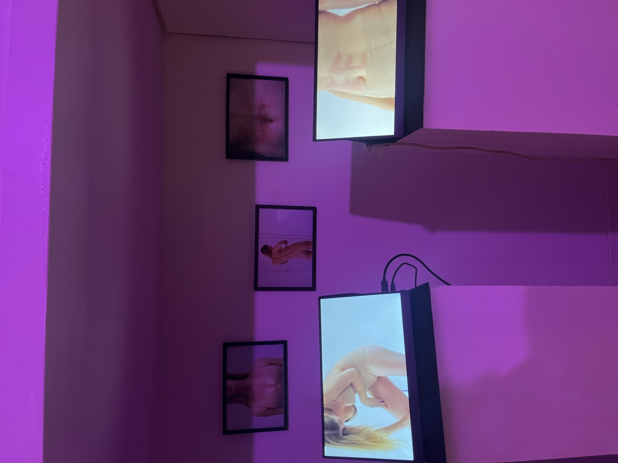 A digital art installation featuring three screens displaying images of nude women, illuminated by pink and purple lighting.