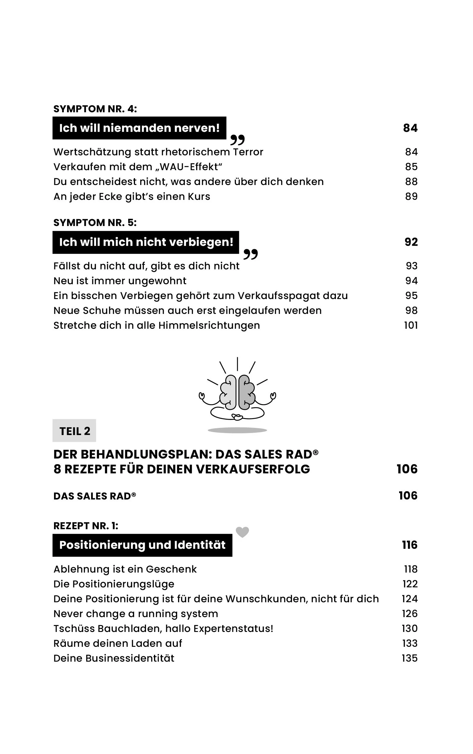 Inhaltsverzeichnis des Buchs "Verkaufen ohne Kopfschmerzen" von Sales Coach Denise Spekowius zum Thema Neukundenakquise für Solopreneure.