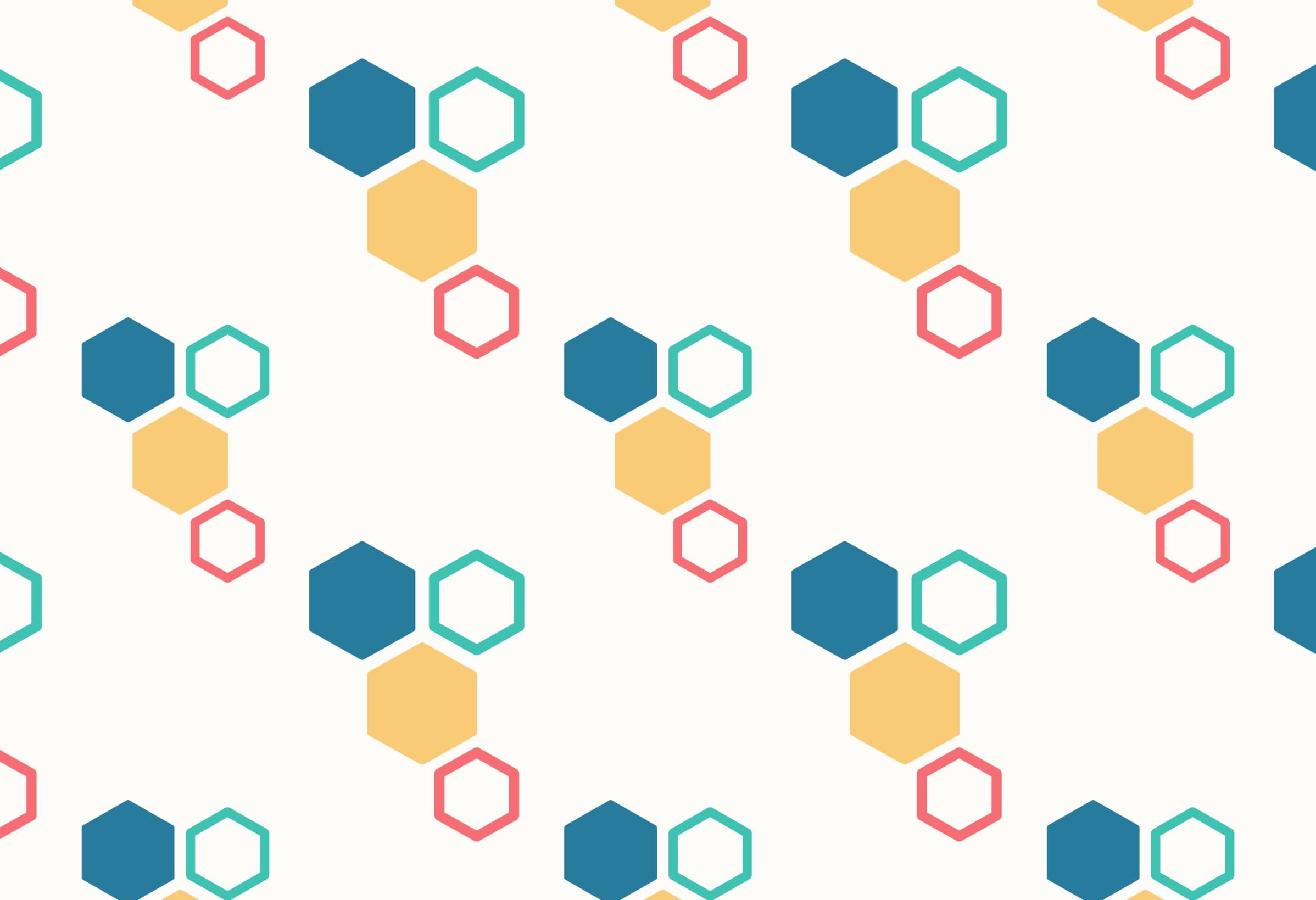 Pattern of hexagons in yellow, blue, teal, and red on a white background.