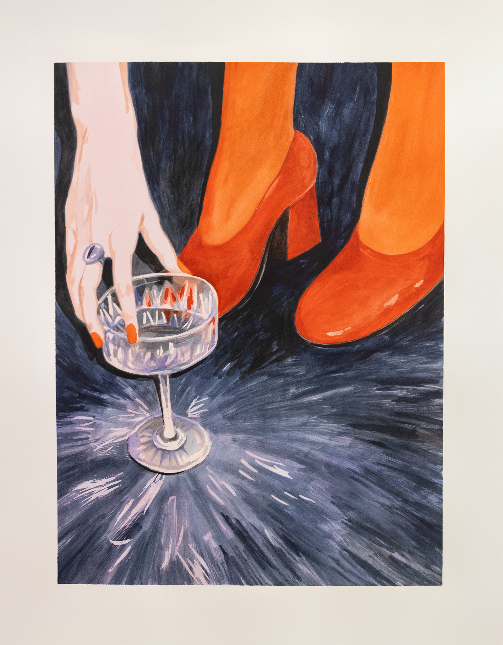Close-up aquarelle of a woman with red nails, wearing orange boots, placing a glass on the floor.