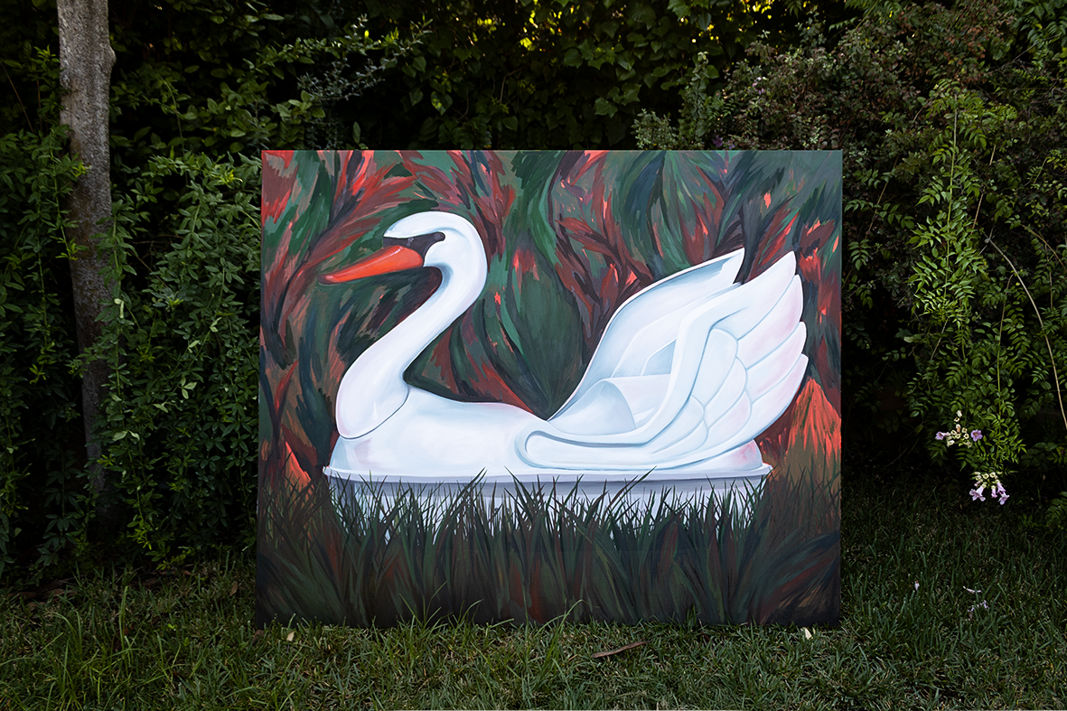 An oil painting by Azucena González of a white swan with an orange beak, surrounded by green and red foliage, and sitting in tall grass.