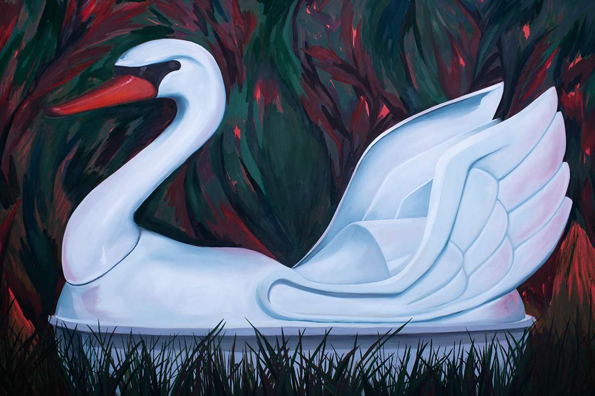 Painting of a white swan with an orange beak, set against dark, abstract background with green and red tones. By Azucena González.