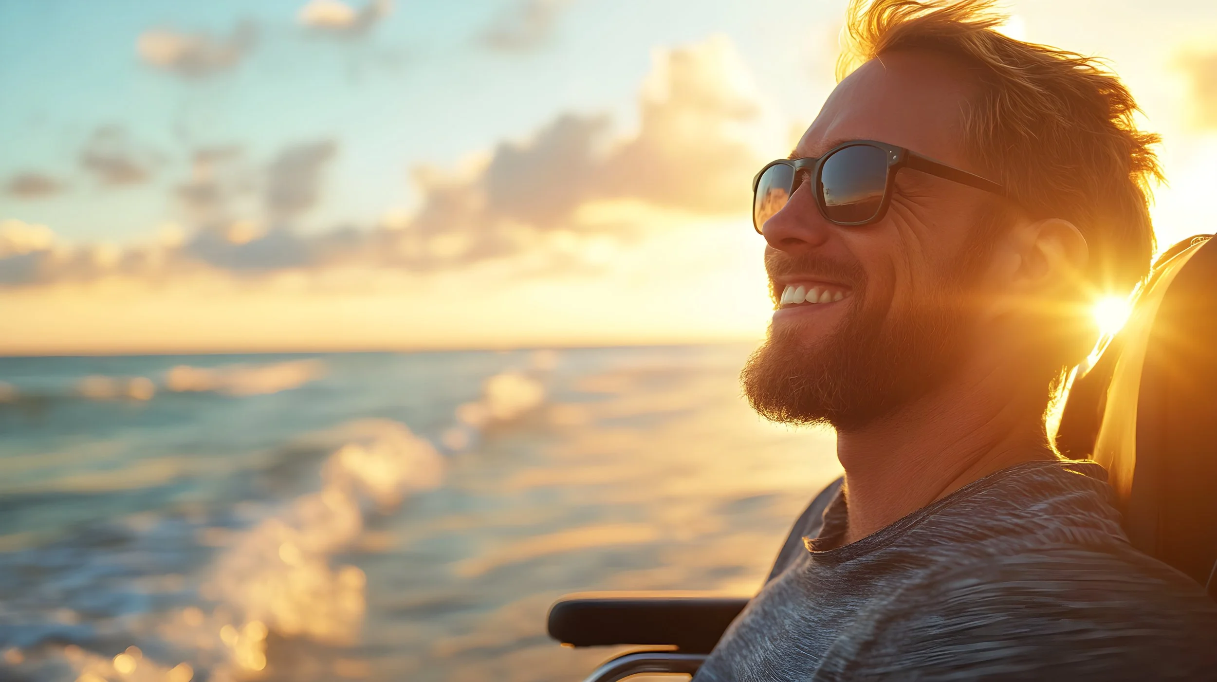 Smiling man with sunglasses enjoying a sunset on the beach, with waves and clouds in the background.