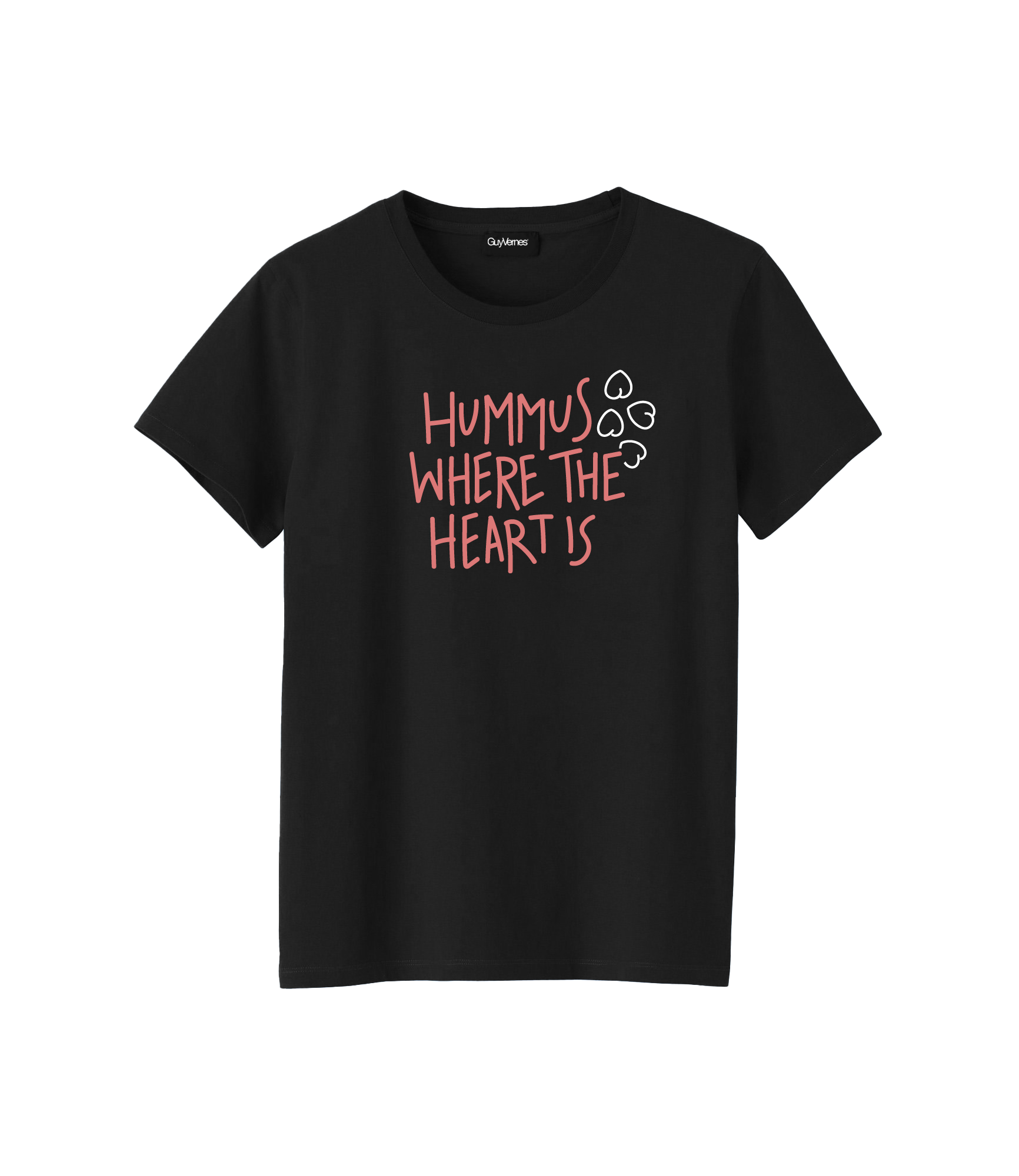 Black T-shirt with pink text that reads 'Hummus where the heart is' and small white heart graphics.