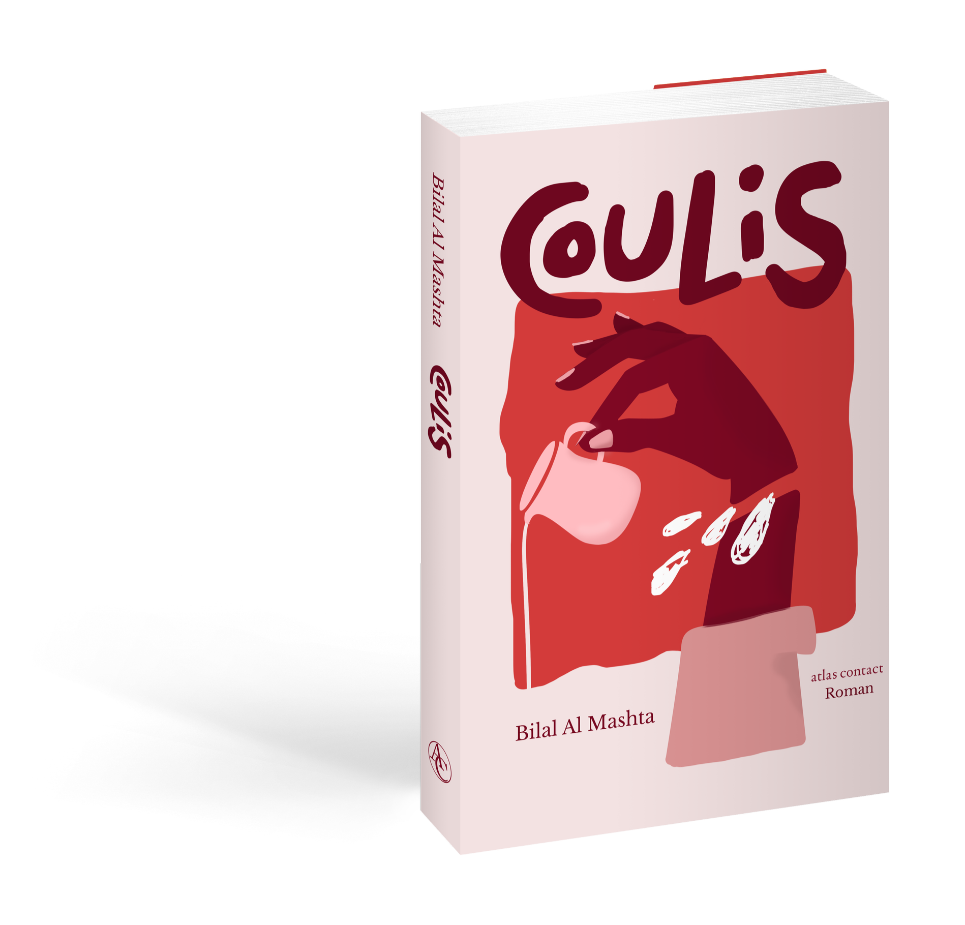 Book cover titled 'Coulis' by Bilal Al Mashta, featuring an illustration of a hand holding a jar, on a pink background.