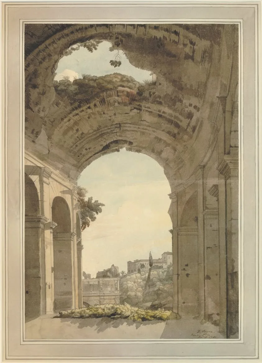 An architectural scene of an ancient Roman-era structure with an arched ceiling, partially ruined, looking out onto a landscape with trees, buildings, and a cloudy sky.
