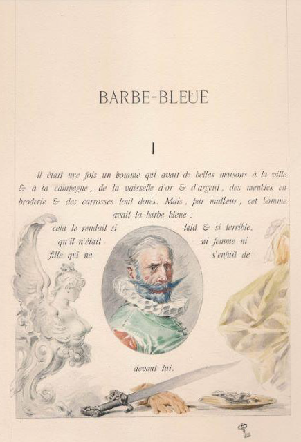 Page from a book titled "Barbe-Bleue" featuring a colored illustration of a man with a blue beard, a sculpted figure, and art tools.