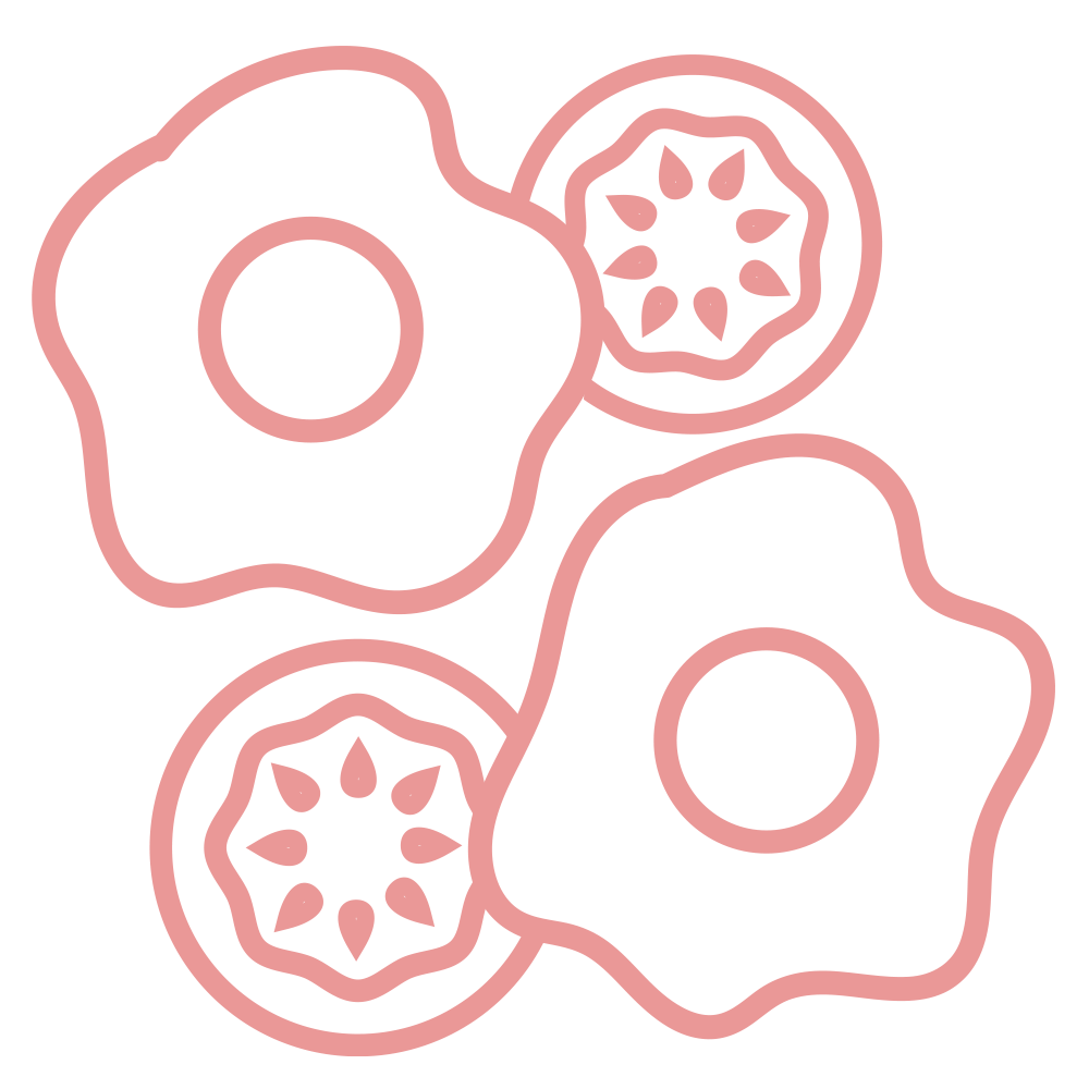 Outline drawing of three fried eggs, with two egg slices showing internal yolk and seed details, on a black background.
