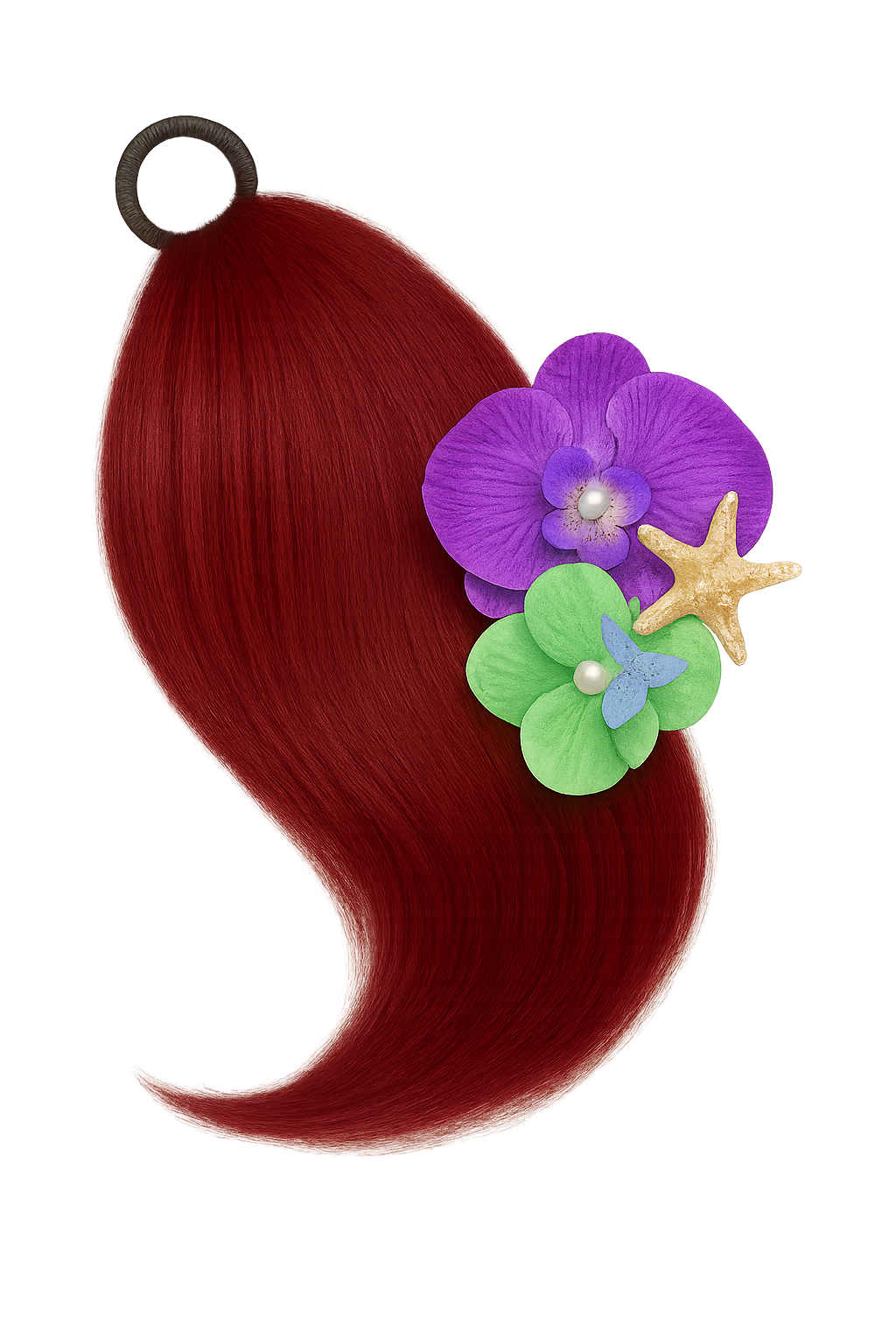 Red hairstyle adorned with purple and green flowers, starfish, and pearls.