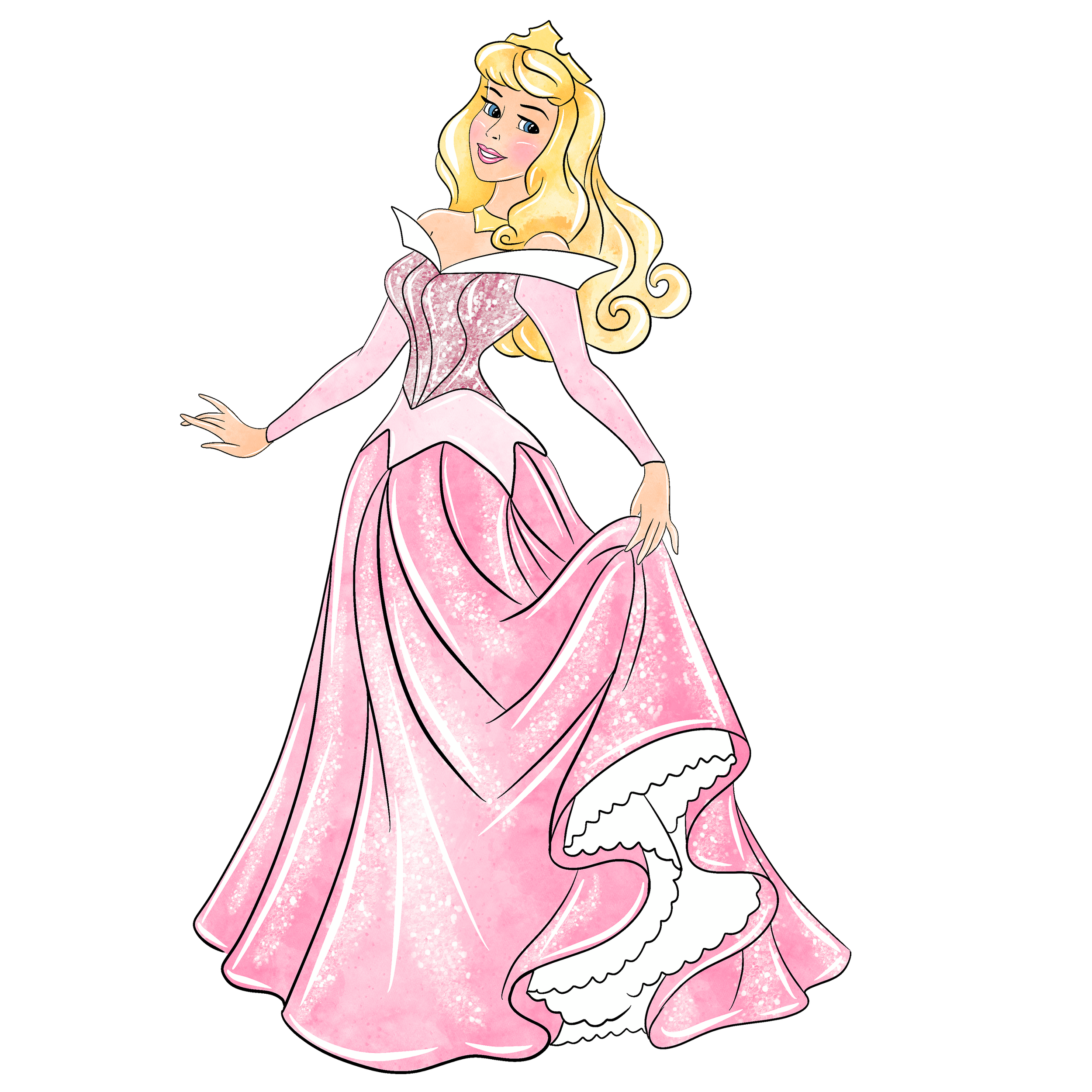 A cartoon princess in a pink, sparkling gown with a fitted bodice, long sleeves, and a full skirt, holding up her dress.