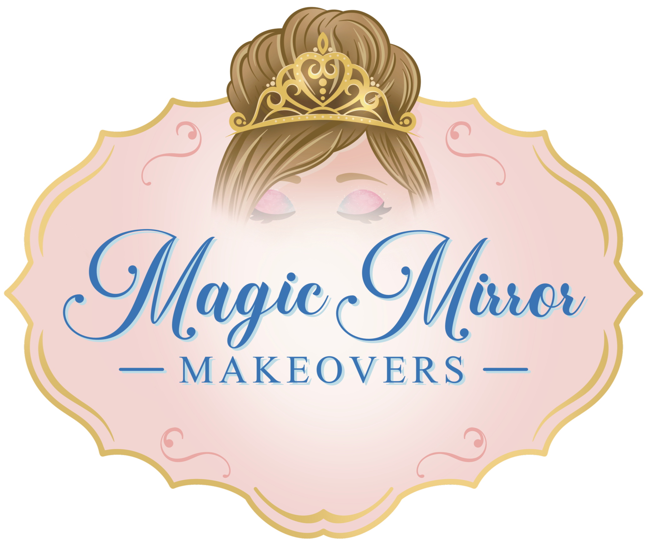 Logo for Magic Mirror Makeovers showing a princess with closed eyes wearing a crown, with elegant pink and gold framing, and the business name in blue script and serif fonts.