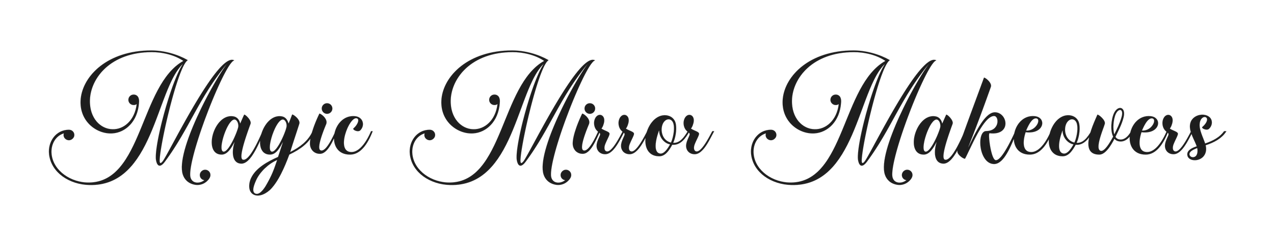 Logo for Magic Mirror Makeovers with elegant cursive text on a black background.