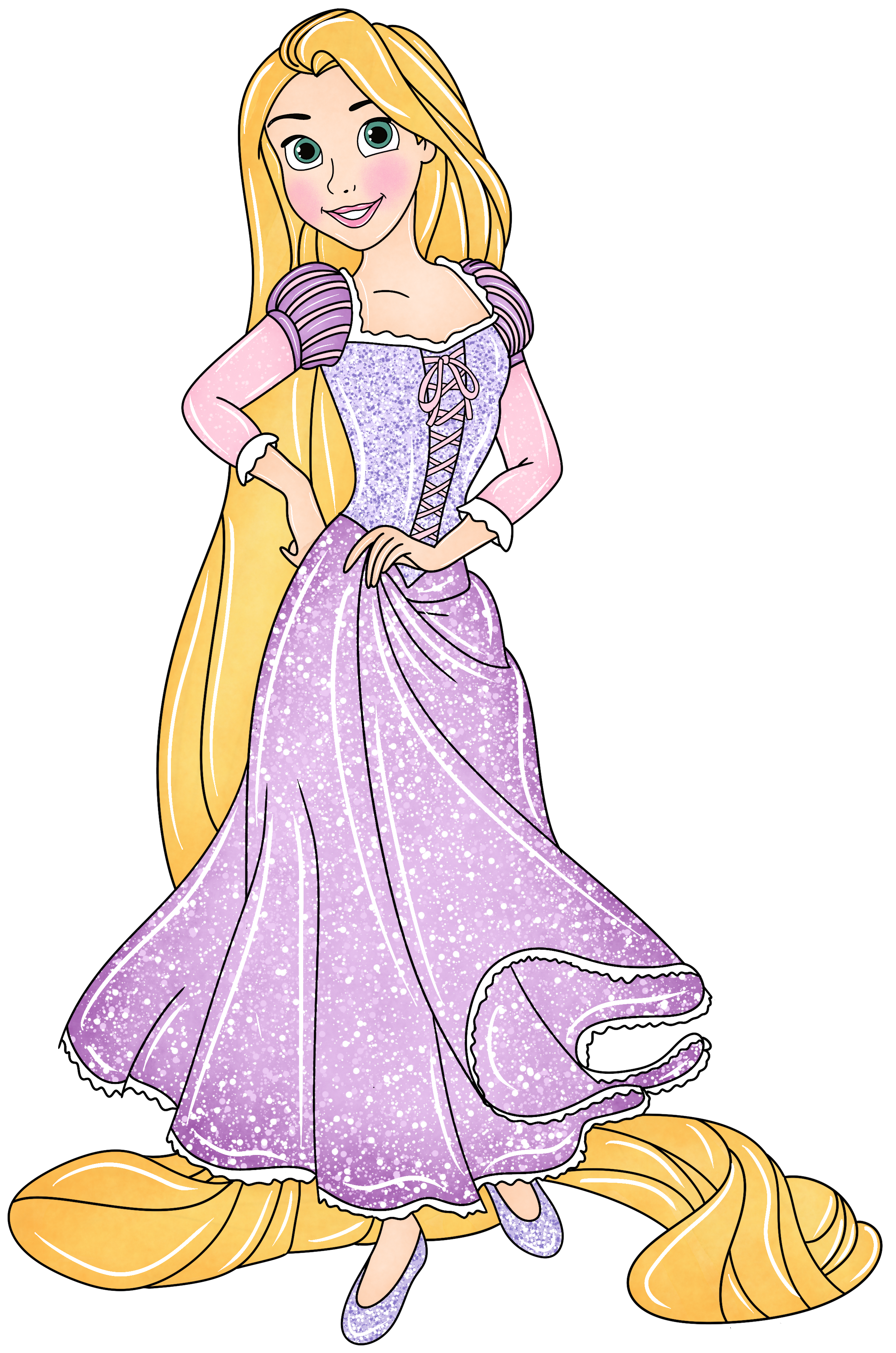 Cartoon illustration of Rapunzel, a fairy tale princess, with long golden hair, wearing a lavender dress with sparkles and purple shoes, standing against a black background.