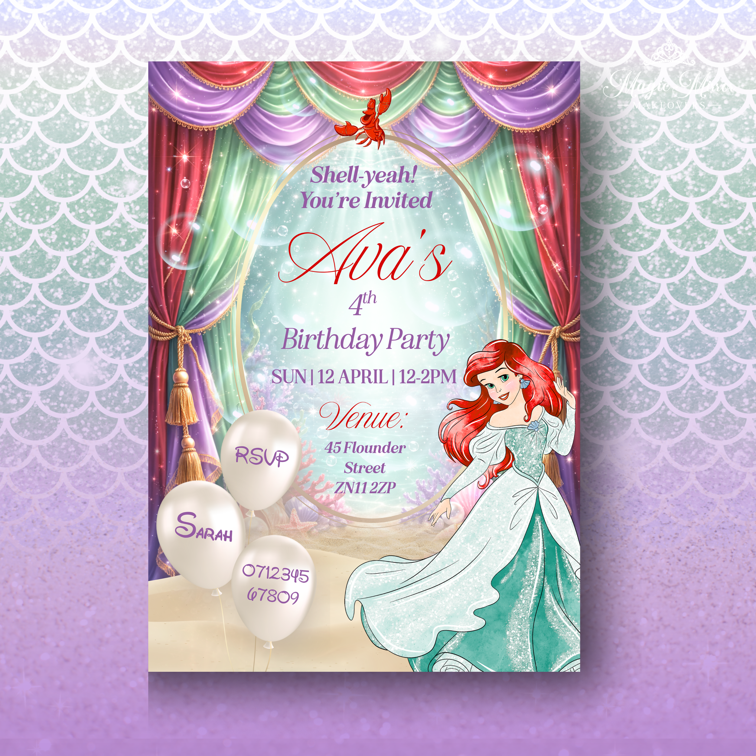 Ariel Mermaid Birthday Party Invitation, Canva Editable Template