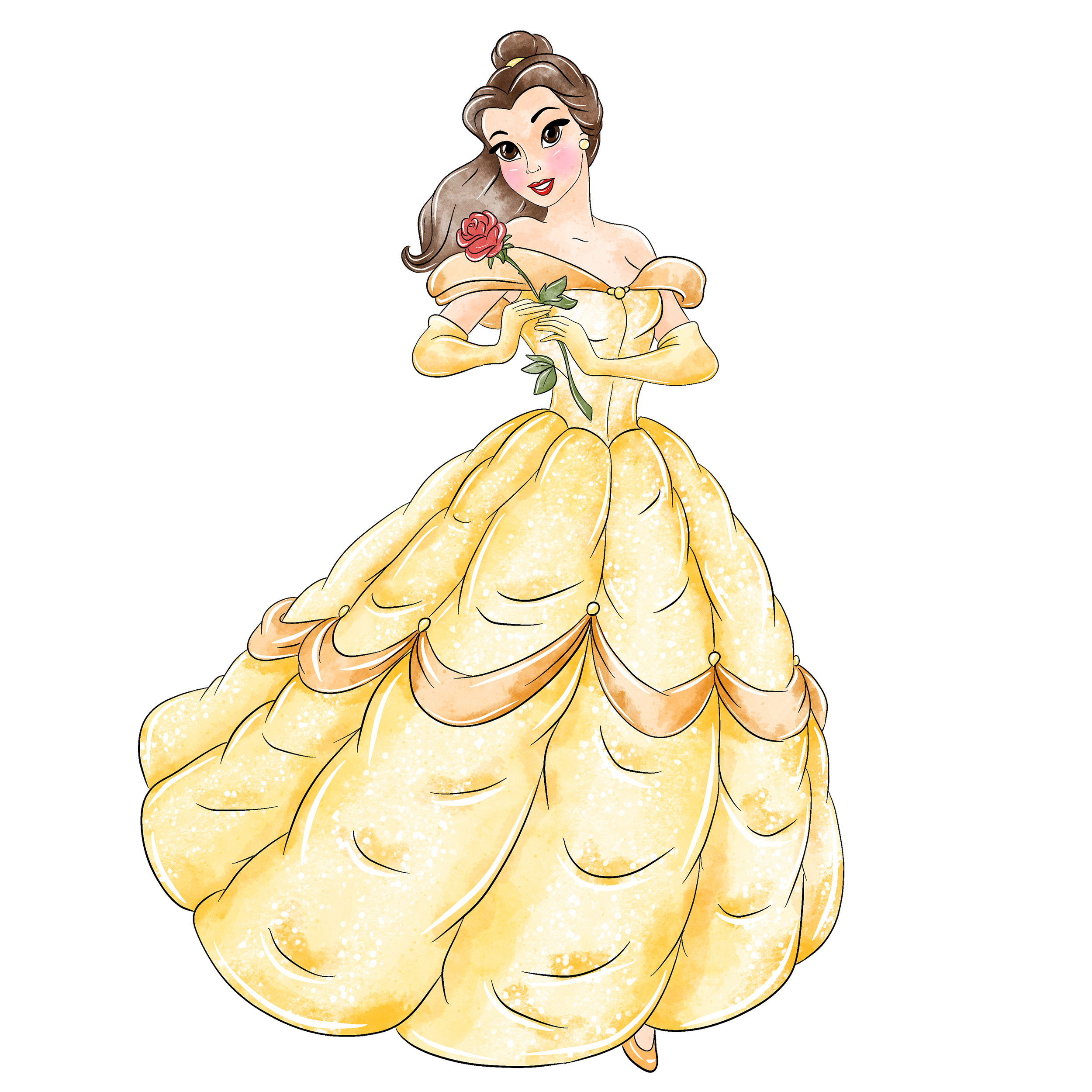 Animated princess in a yellow gown holding a pink rose.