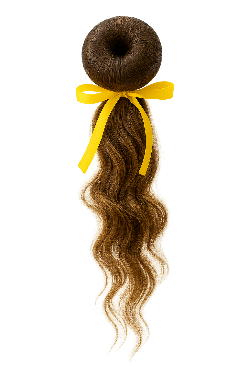 A doll with long, wavy brown hair tied with a yellow ribbon, styled into a bun on top of the head.