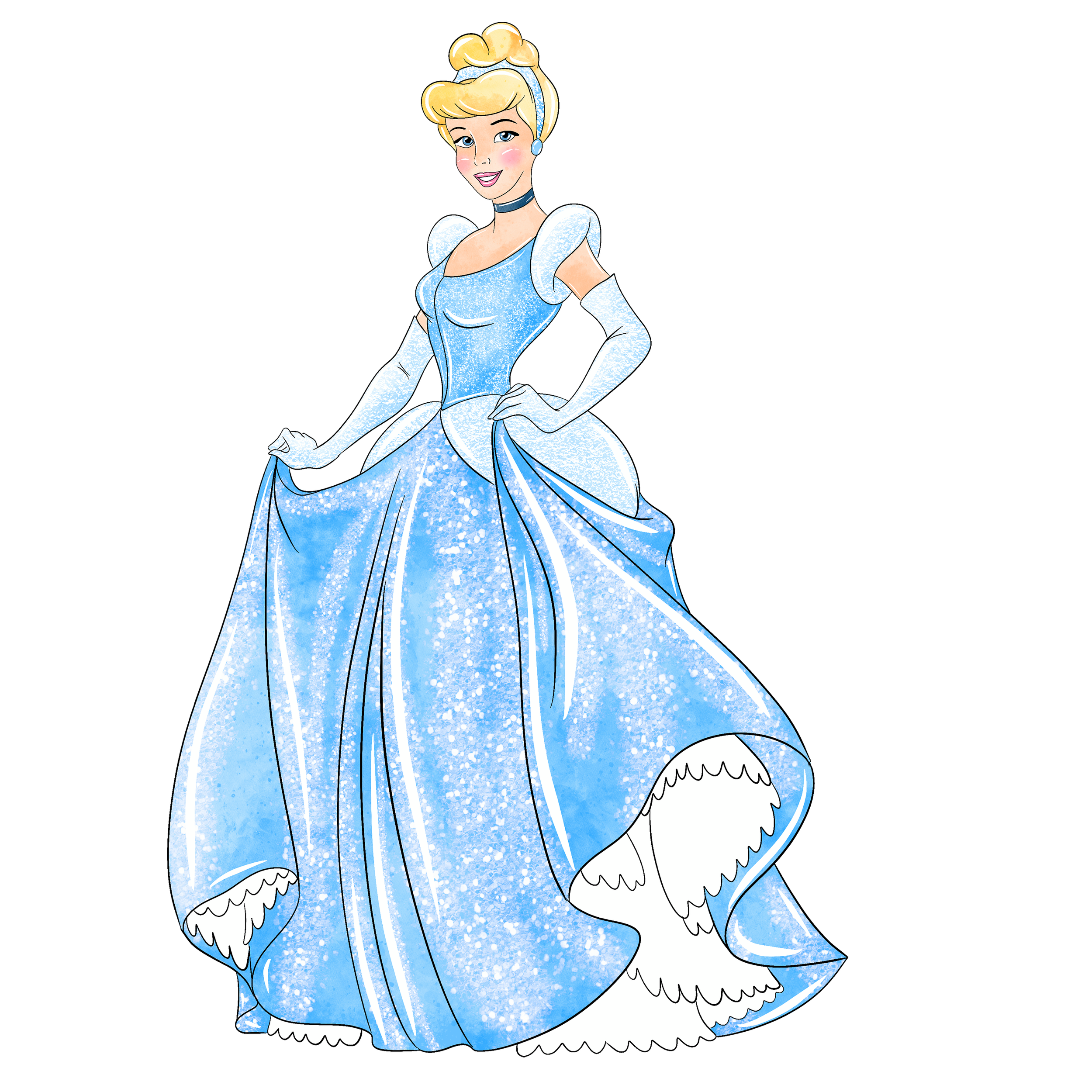 Animated illustration of Cinderella in a sparkling blue ball gown, standing with a confident smile, holding the sides of her dress.