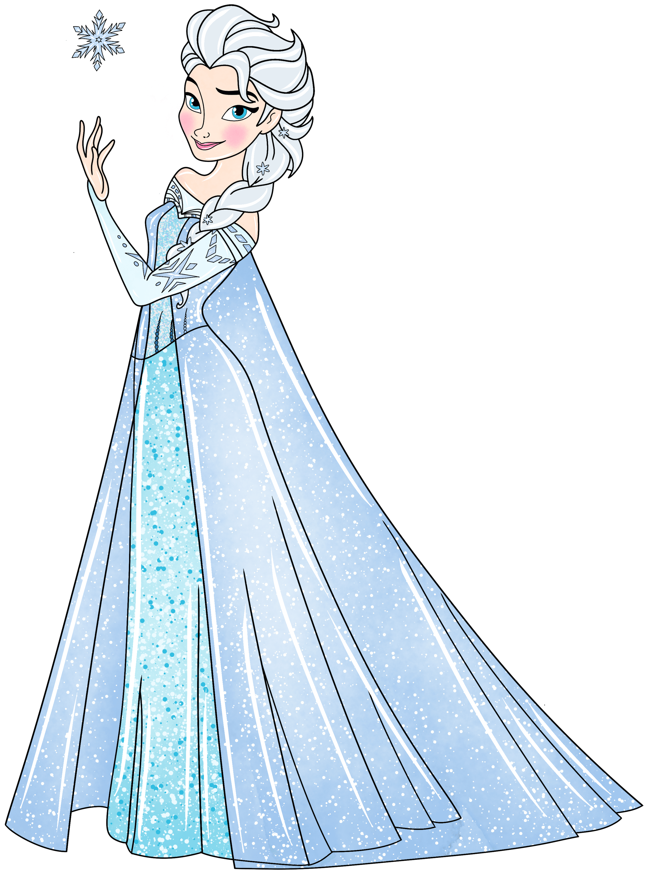 Animated character of Elsa from Frozen in a sparkling blue dress, with white hair and snowflake accessories, holding a snowflake.