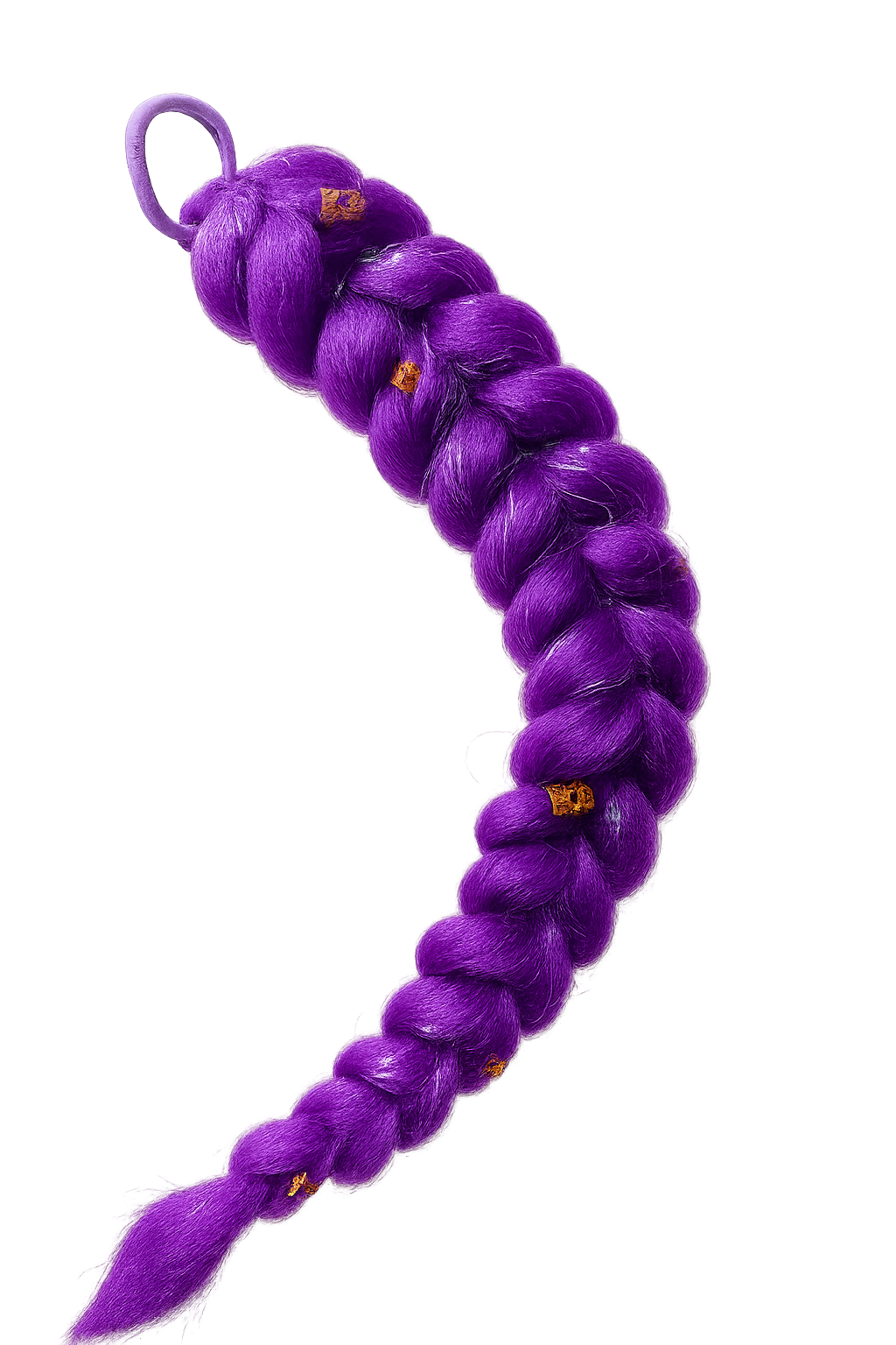 Close-up of a purple hair extension or braid with a looped hair tie on a blurred dark background.