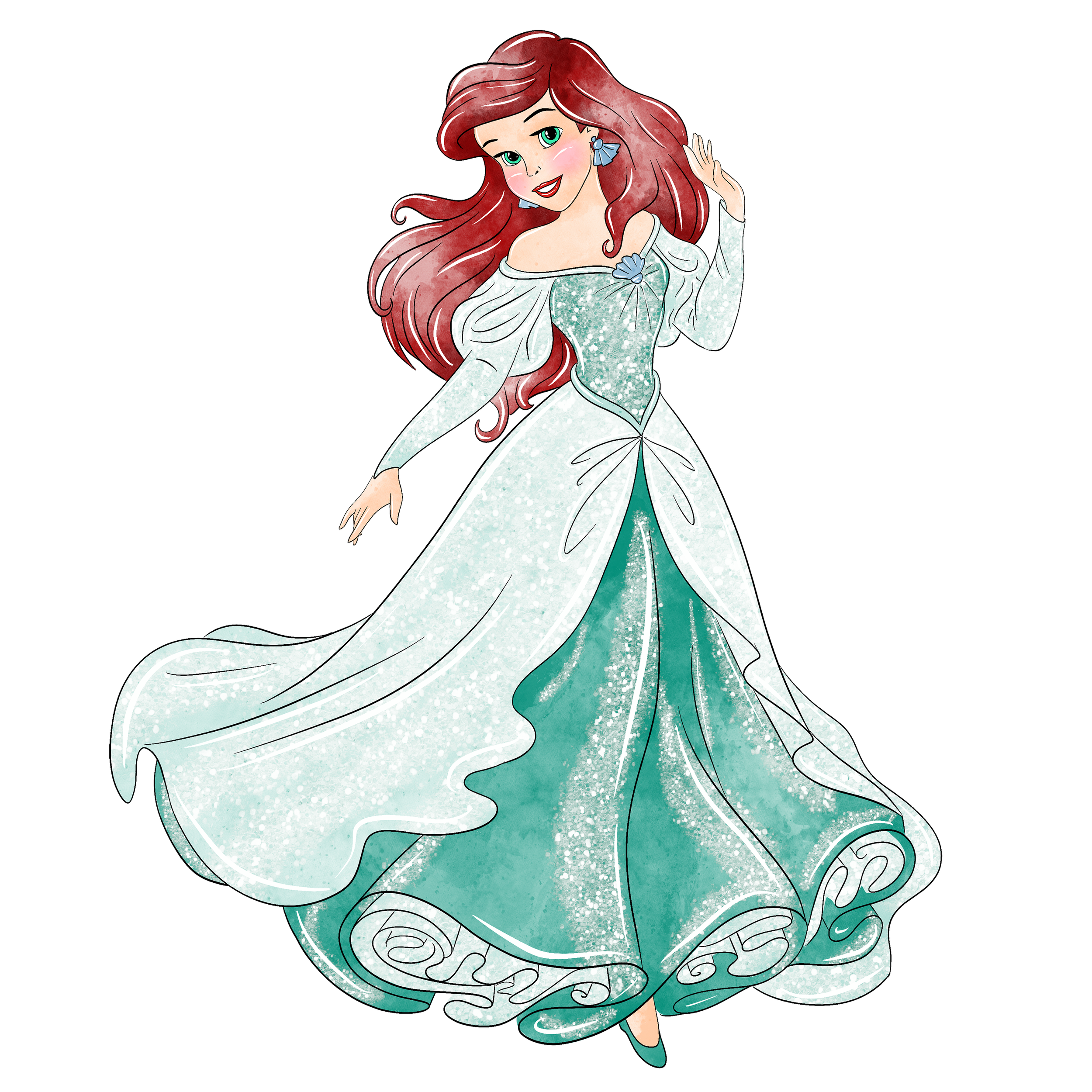 Illustration of Ariel, the mermaid princess, wearing an elegant, sparkling turquoise and white gown with long sleeves and off-the-shoulder design, with her red hair flowing and smiling, waving with one hand.
