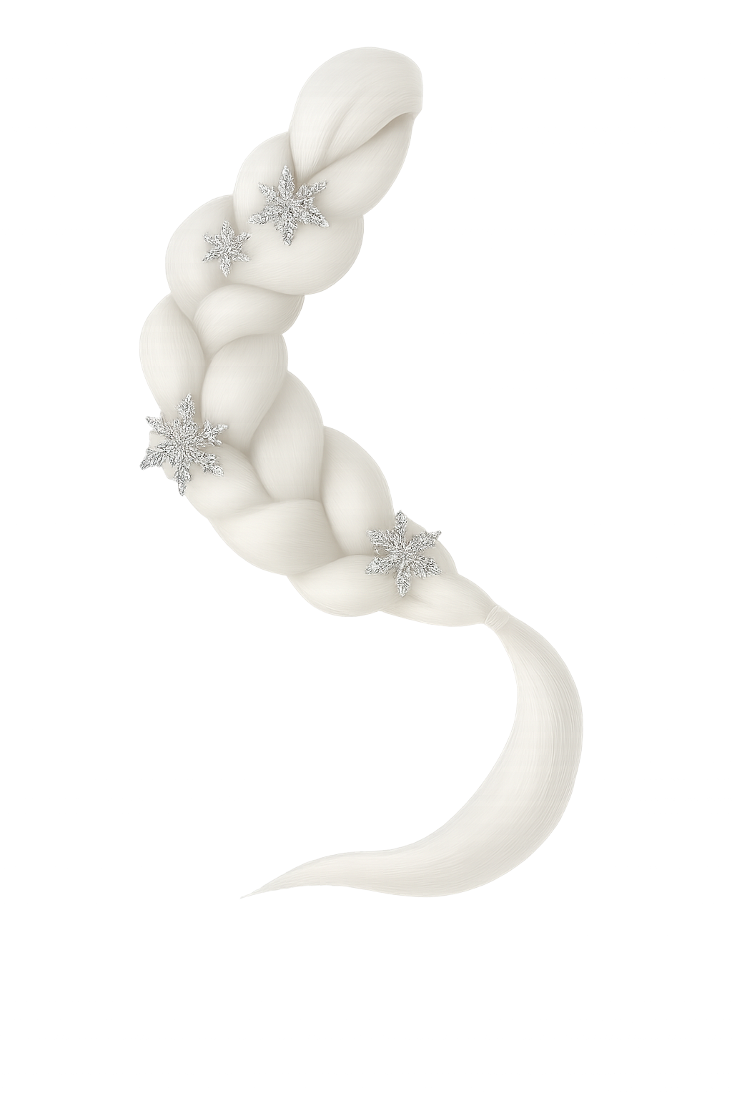 A white braided ribbon decorated with silver snowflakes against a black background.