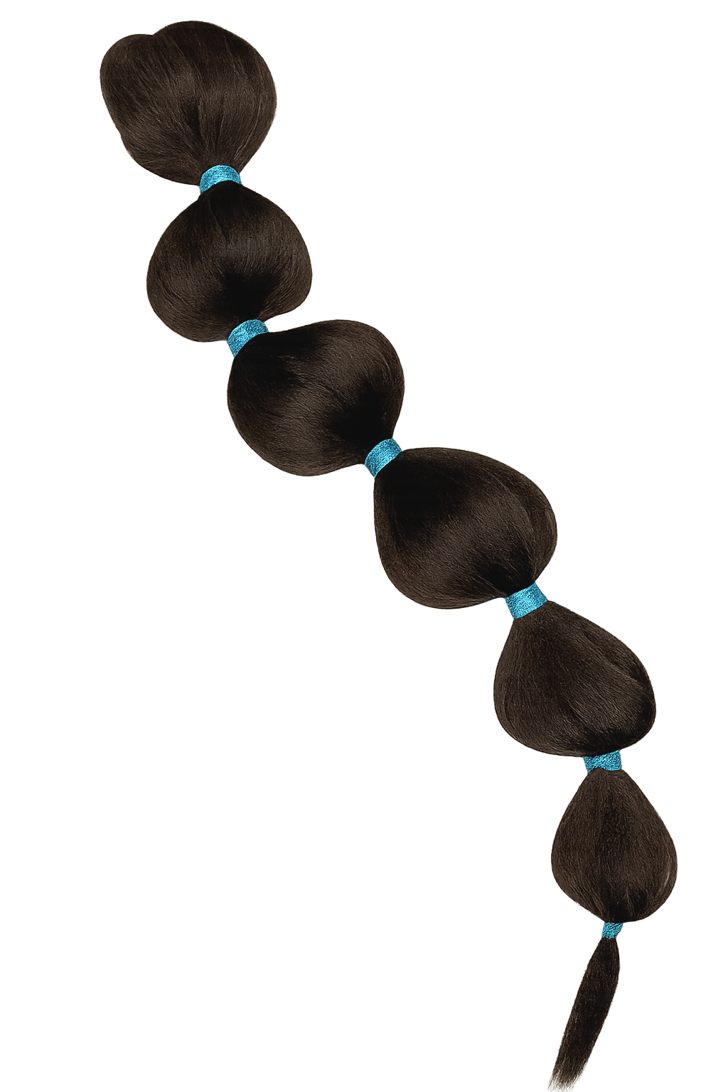 Multiple dark brown hair braids with blue hair ties against a black background.