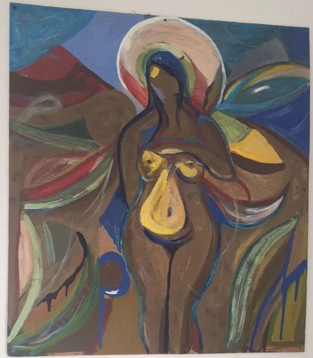 Abstract painting of a female figure with colorful elements and bold brushstrokes.
