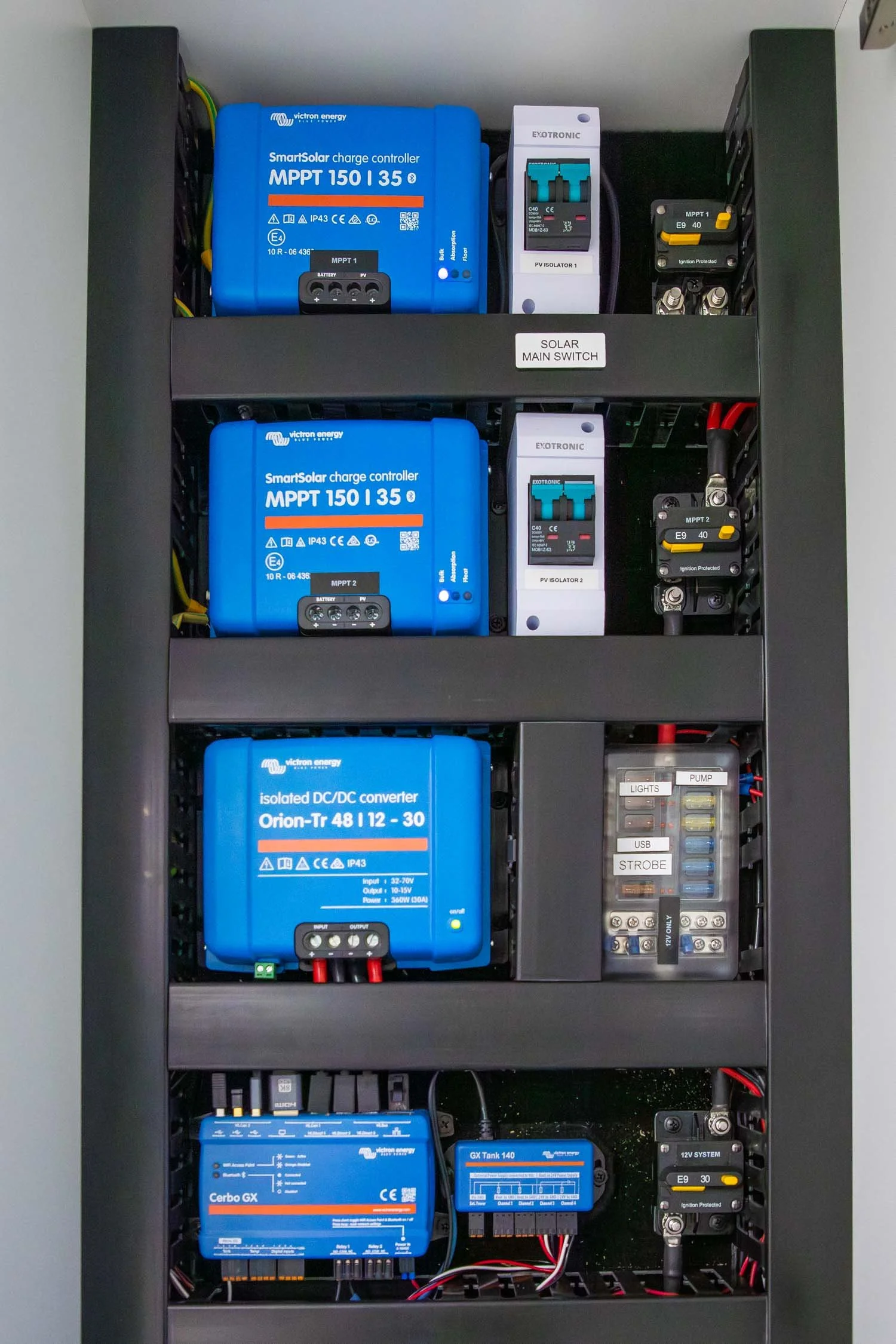 An electrical control panel containing blue Victron Energy SmartSolar charge controllers, white Exotronic PV isolators, black MPPT fuses, and relays, with labeled sections for solar main switch, lights, pump, USB, and strobe, mounted inside a black m